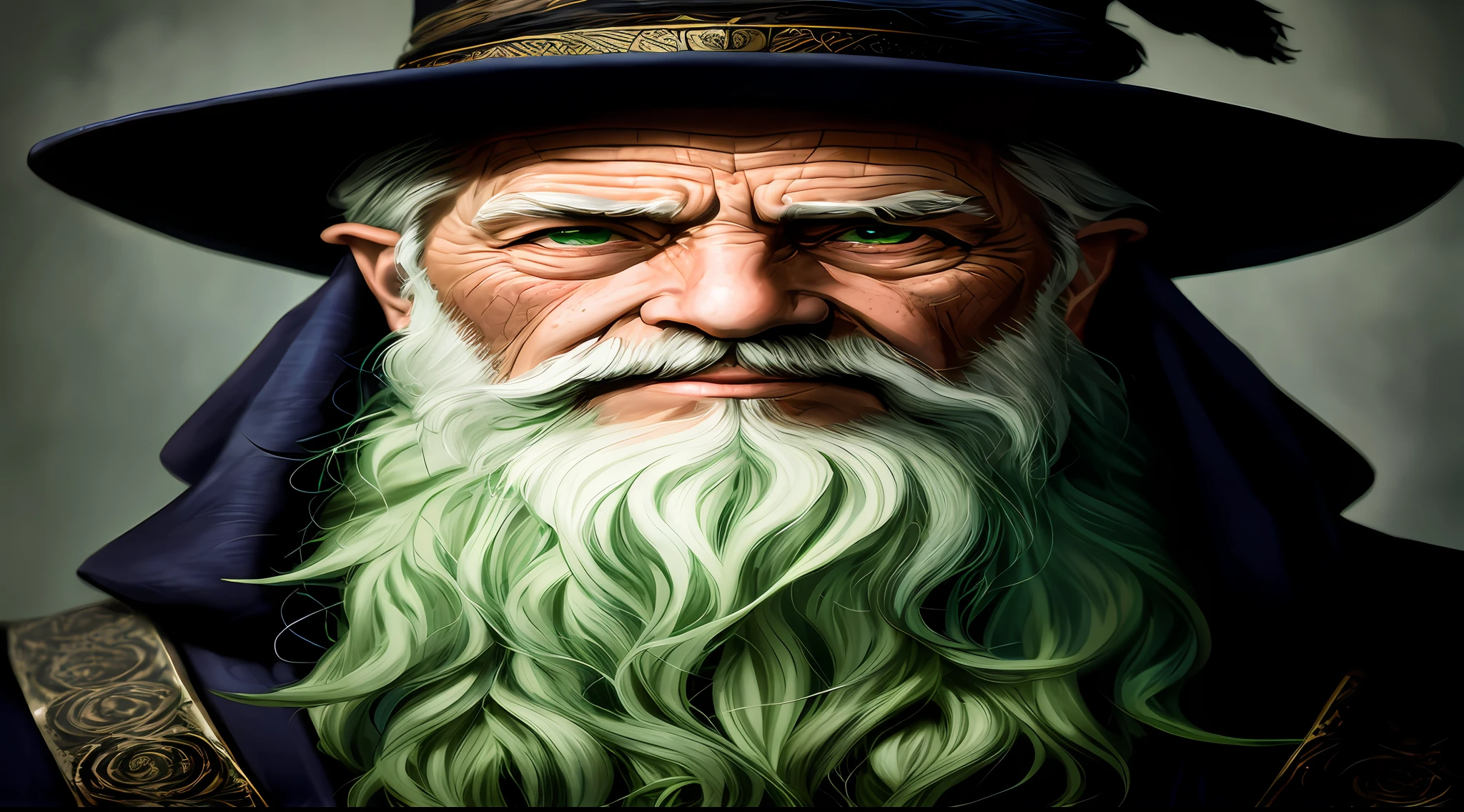 A portrait of a wizard, wise, bearded, wrinkled, aged, with piercing green eyes, detailed face, high details, photography, dark studio, rim light, Nikon D850, 50mm, f/1.4