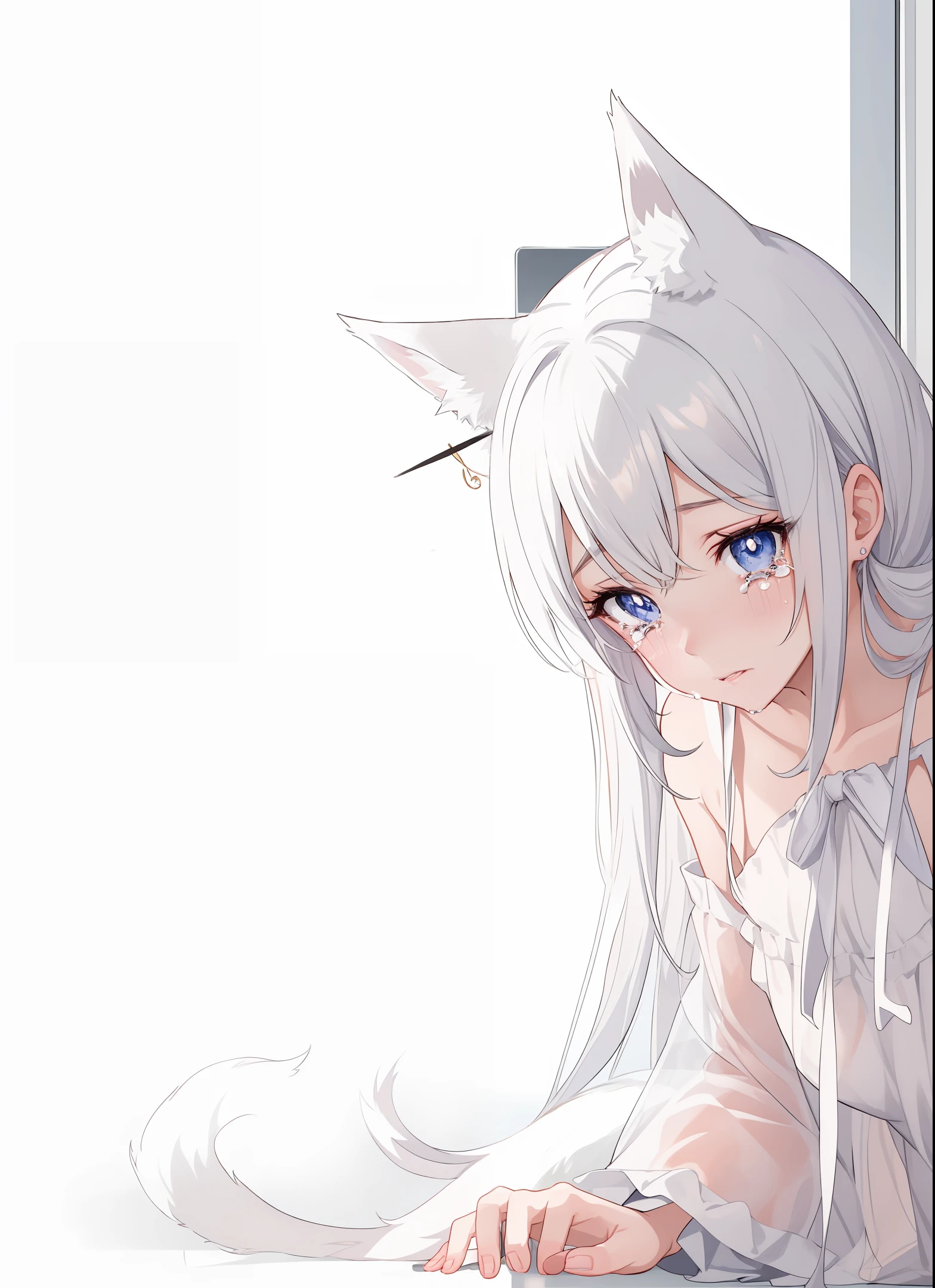 Young anime girl mystical white fox crying, olhos vermelhos com rubi e vestido fofo e delicado nobre