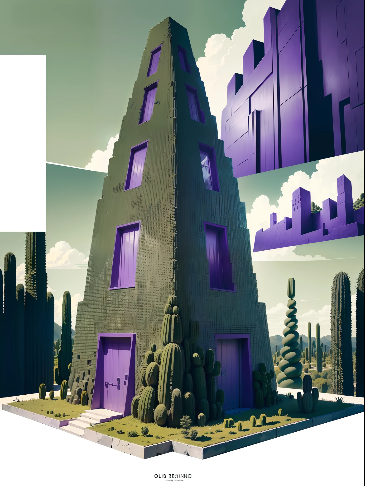 Illustration, a garden whit abundant cacti, various organic sculptures, big rocks, (((multiple sections))), collage style, detailed, (((color palette olive green, violet, grey, blue, black and white))), (((a lot Luis barragán's architecture style builds))) big clouds, mountains in horizon
