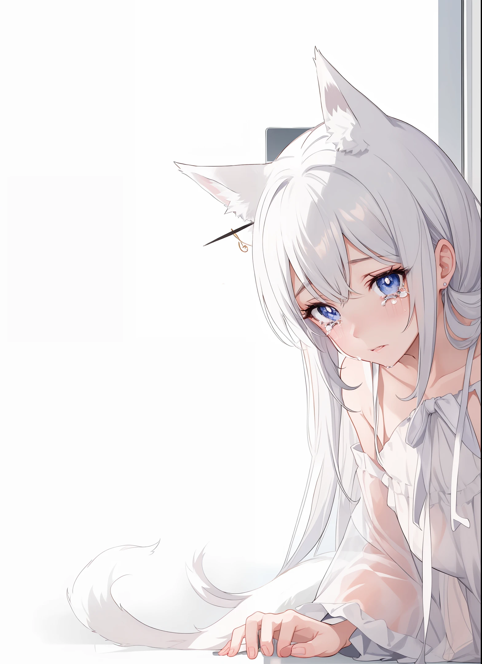 Young anime girl mystical white fox crying, olhos vermelhos com rubi e vestido fofo e delicado nobre