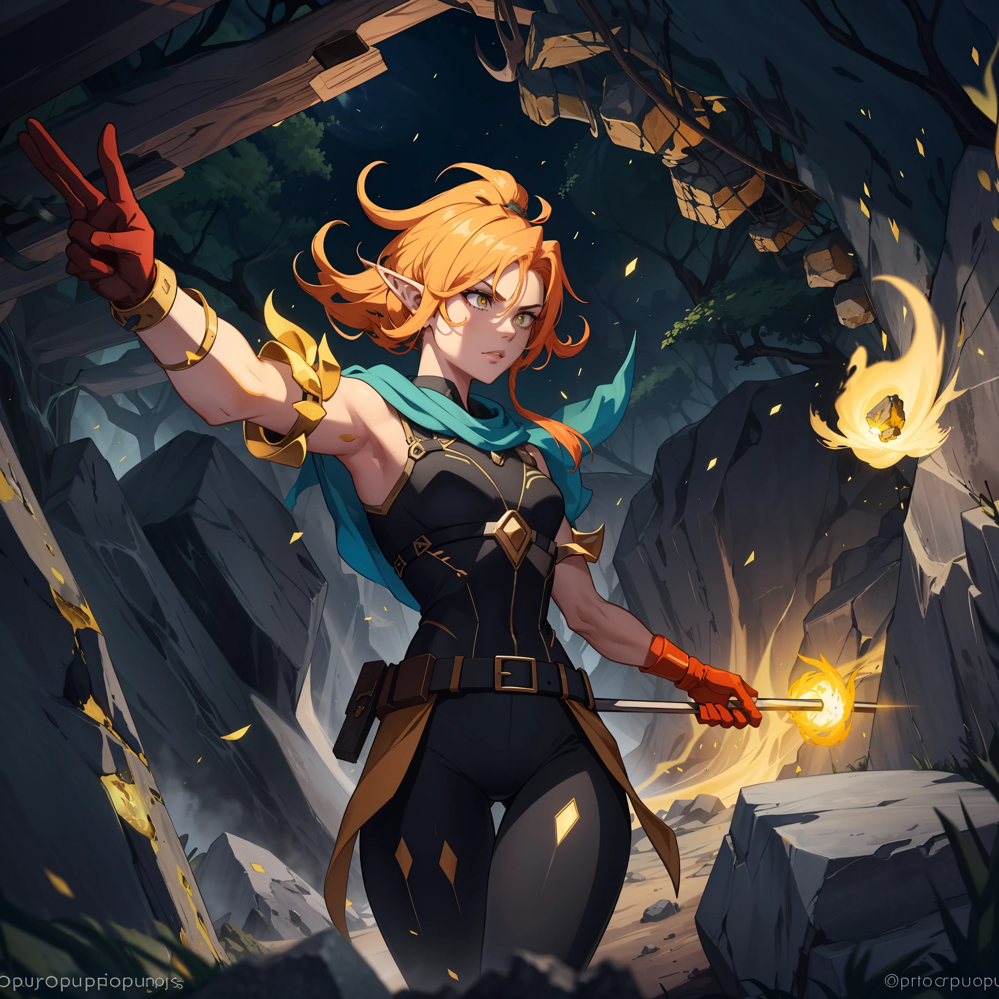 Create a work of art that depicts an elf miner in action, exploring the dark depths of an underground cave. A personagem deve ser representada com ((delicate and graceful strokes)), enquanto ela escava com sua (((picareta))) and collects valuable ores, lit only by a small torch in his hand. The cave should be shown as a dangerous and unstable environment, com pedras penduradas e fendas escuras que se estendem pelo horizonte. Sparks should be depicted coming out of the pickaxe's hit on the rocks, creating a magical glow as she works. A paleta de cores deve ser escura e misteriosa, evoking a sense of danger and mystery.Certificar para incluir ((Detalhes minuciosos)) in the textures of rocks and ores, as well as the character's mining equipment. The ultimate goal is to create an image that truly captures the essence of adventure and courage, representando a personagem em um momento decisivo de sua jornada.