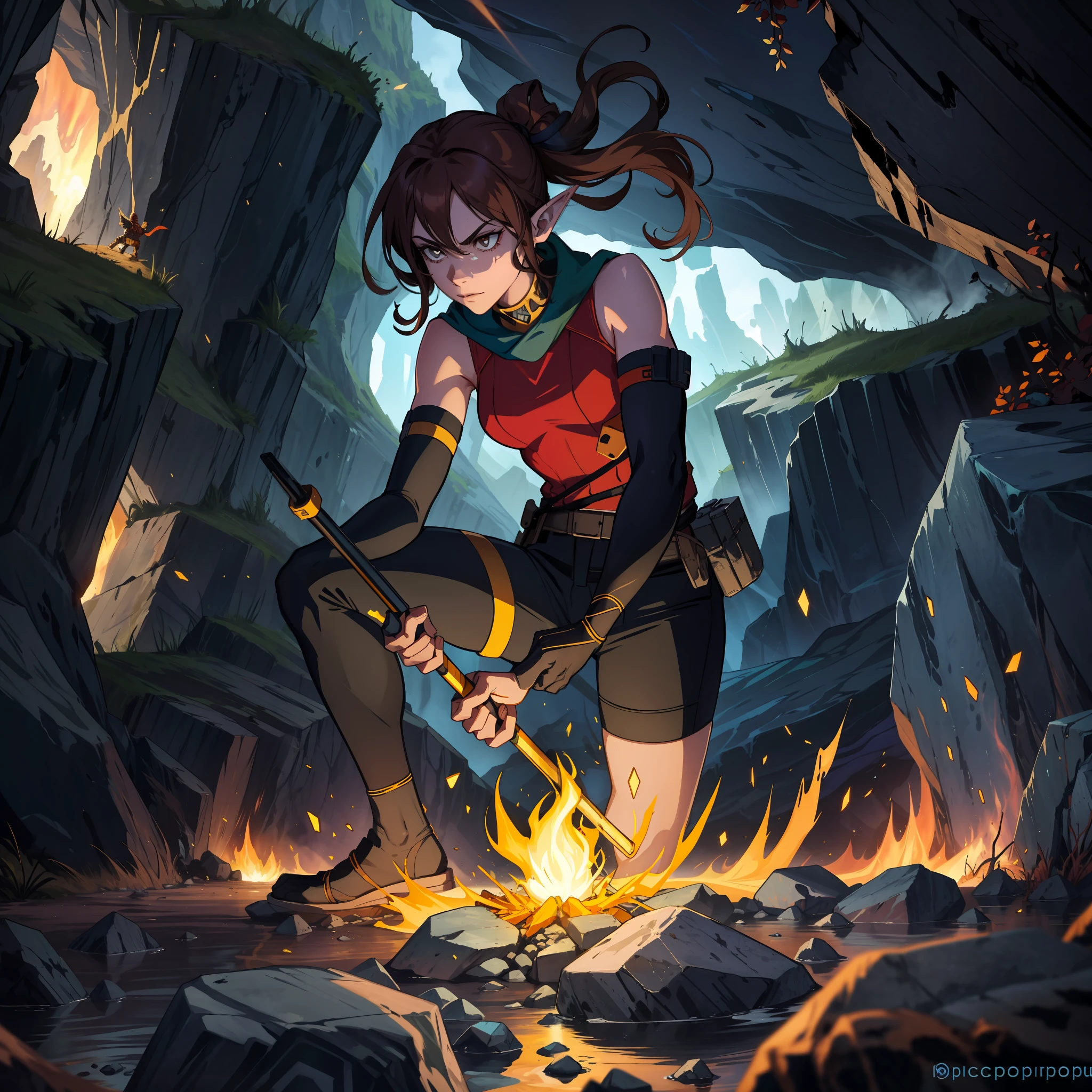 Create a work of art that depicts an elf miner in action, exploring the dark depths of an underground cave. A personagem deve ser representada com ((delicate and graceful strokes)), enquanto ela escava com sua (((picareta))) and collects valuable ores, lit only by a small torch in his hand. The cave should be shown as a dangerous and unstable environment, com pedras penduradas e fendas escuras que se estendem pelo horizonte. Sparks should be depicted coming out of the pickaxe's hit on the rocks, creating a magical glow as she works. A paleta de cores deve ser escura e misteriosa, evoking a sense of danger and mystery.Certificar para incluir ((Detalhes minuciosos)) in the textures of rocks and ores, as well as the character's mining equipment. The ultimate goal is to create an image that truly captures the essence of adventure and courage, representando a personagem em um momento decisivo de sua jornada.
