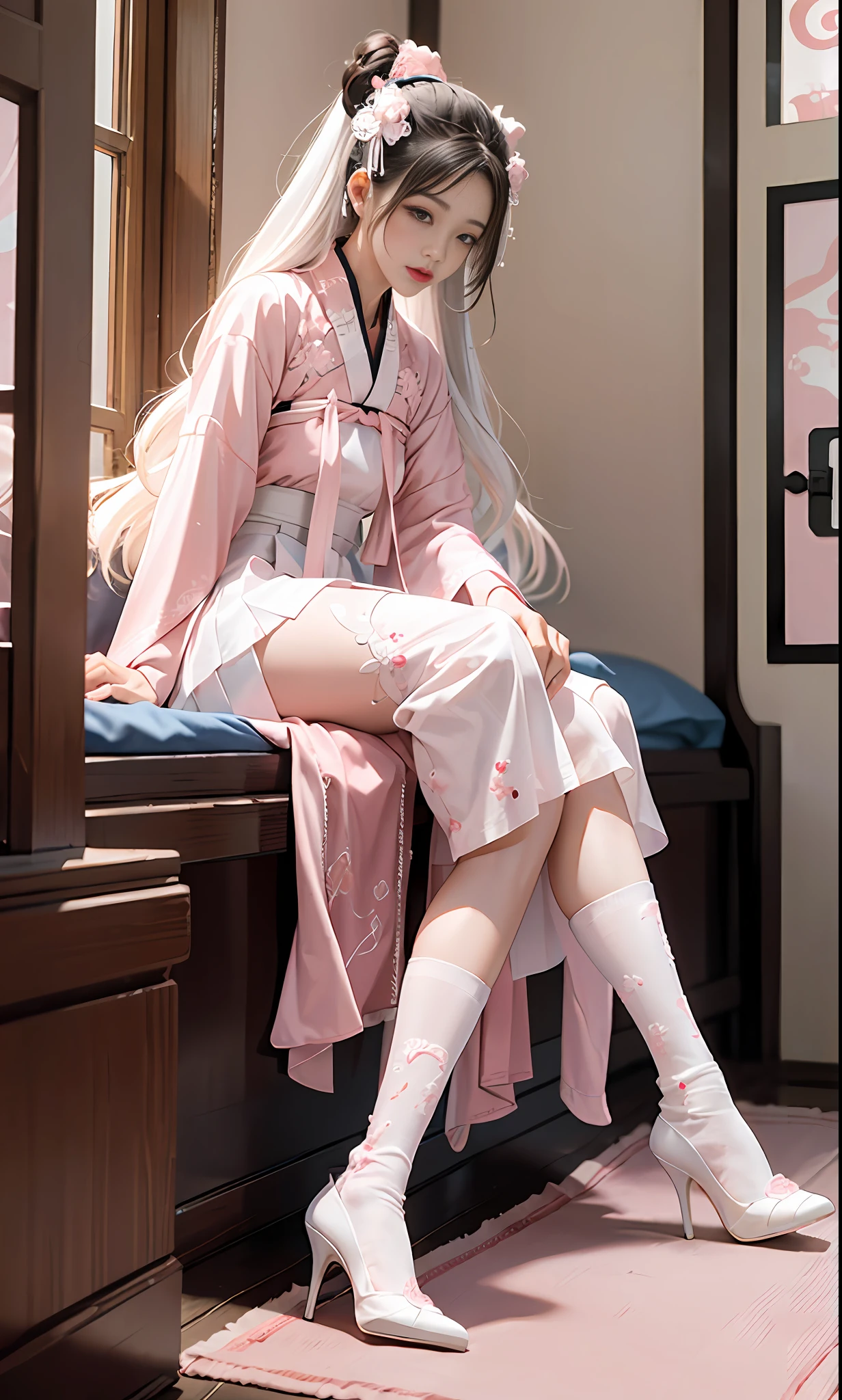 Chinese style, white hair, Chinese clothing, Tang style Hanfu, Hanfu, ((((pink and white skirt)), embroidery, over-the-knee socks, high heels, interior, bed