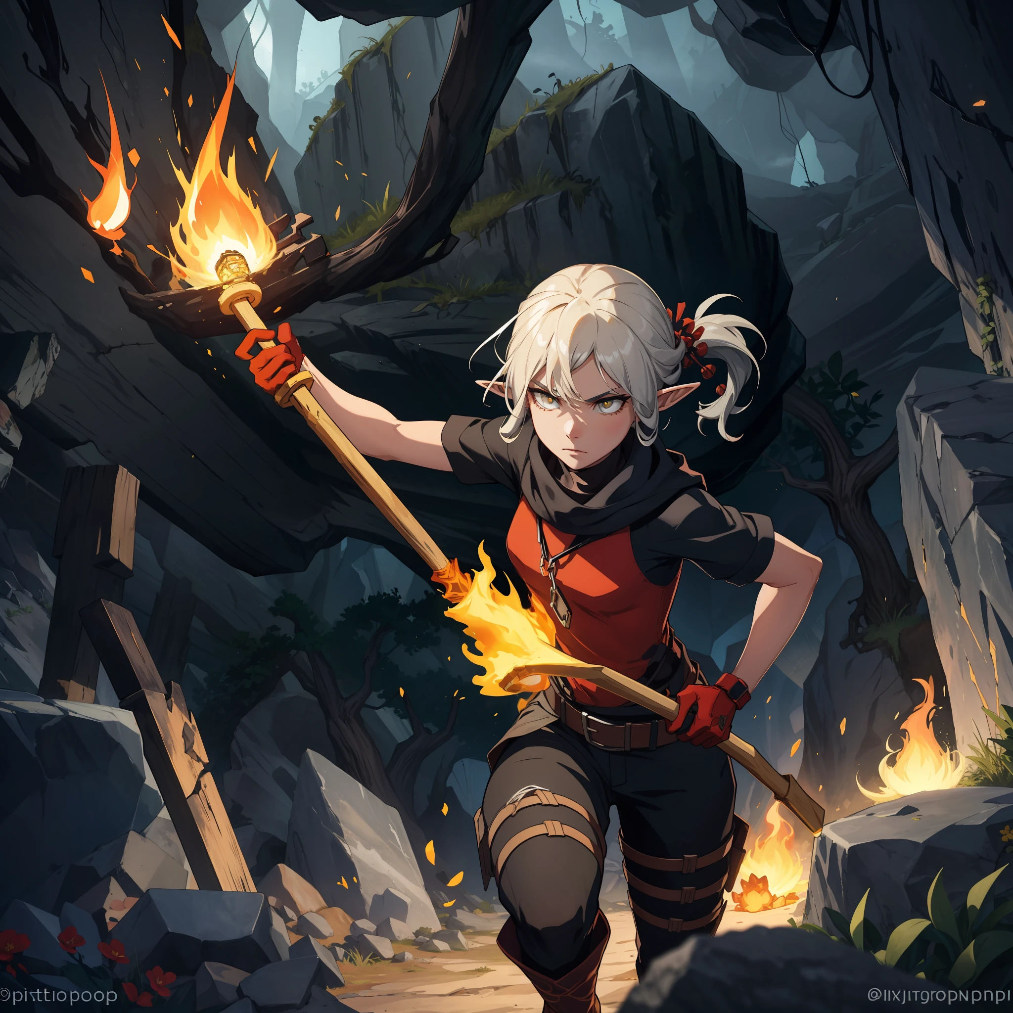 Create a work of art that depicts an elf miner in action, exploring the dark depths of an underground cave. A personagem deve ser representada com ((delicate and graceful strokes)), while she digs with her pickaxe and collects valuable ores, lit only by a small torch in his hand. The cave should be shown as a dangerous and unstable environment, com pedras penduradas e fendas escuras que se estendem pelo horizonte. Sparks should be depicted coming out of the pickaxe's hit on the rocks, creating a magical glow as she works. A paleta de cores deve ser escura e misteriosa, evoking a sense of danger and mystery.Certifique-se de incluir ((detalhes minuciosos)) in the textures of rocks and ores, as well as the character's mining equipment. The ultimate goal is to create an image that truly captures the essence of adventure and courage, representando a personagem em um momento decisivo de sua jornada.
