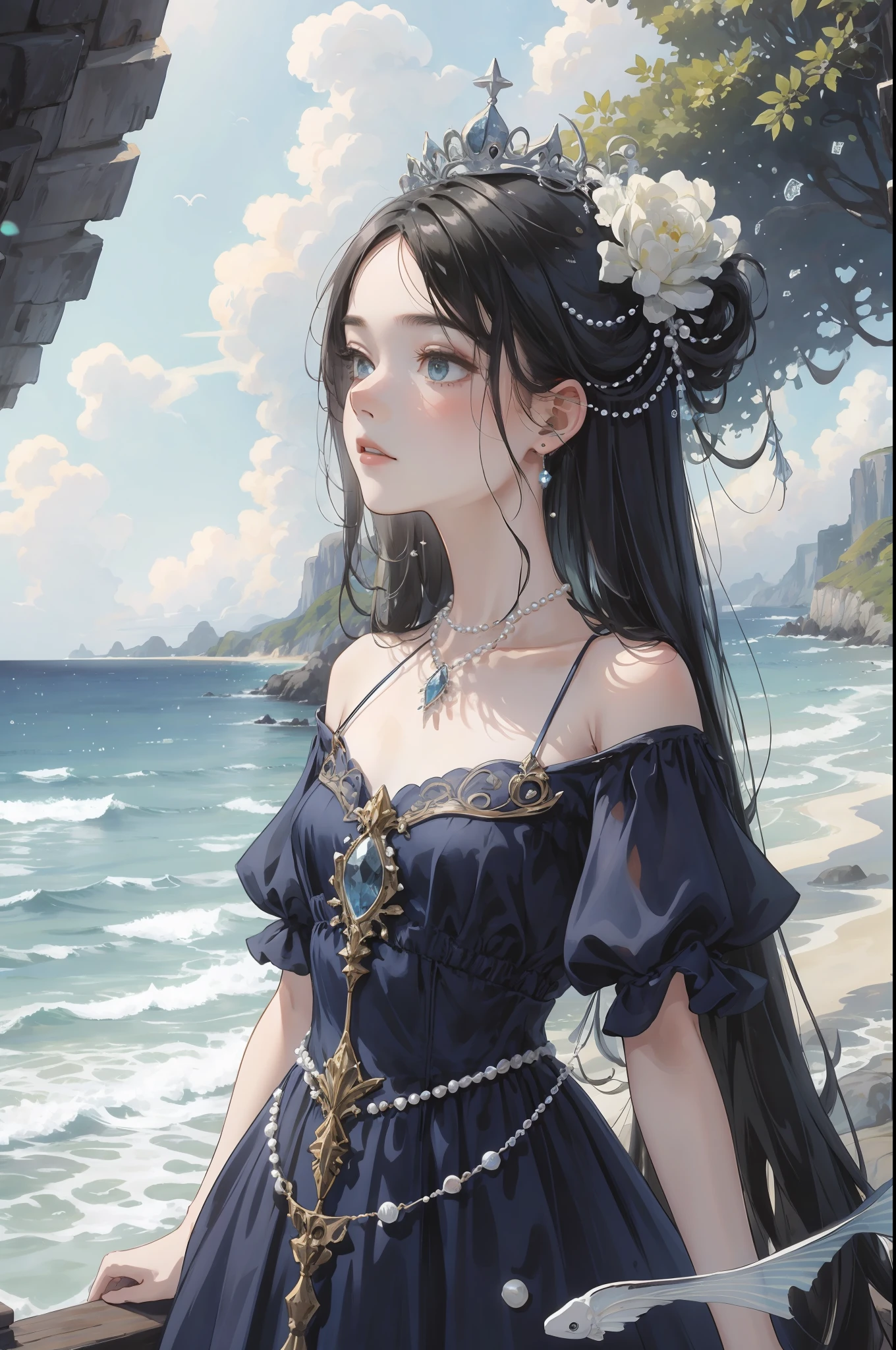 The Masterpiece, Best quality, The Masterpiece,,熟女，One Man，Long navy blue hair，empy eyes，puled up dress，gargantilha，pearls，seashells，sea waves，seas，the sea，fishes，ship，ultra-details，Best Picture Quality，White Crown，The Masterpiece，need，head ornaments，hair ornament，Complex details，off the shoulder，Fairy of the Divine Realm