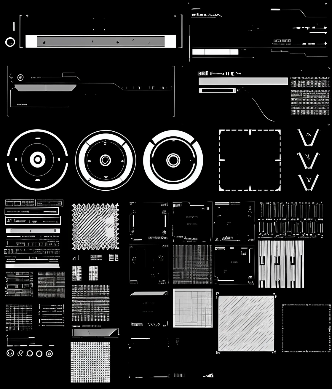 a close up of a bunch of different types of electronic equipment, cybernetic parts, video game asset file, cyber patterns, sci fi patterns, game asset sheet, game design asset pack, cybernetic components, grid montage of shapes, hardware, asset sheet, montage of grid shapes, video game assets, tech pattern, desktop, abstract tech, blender design assets --auto