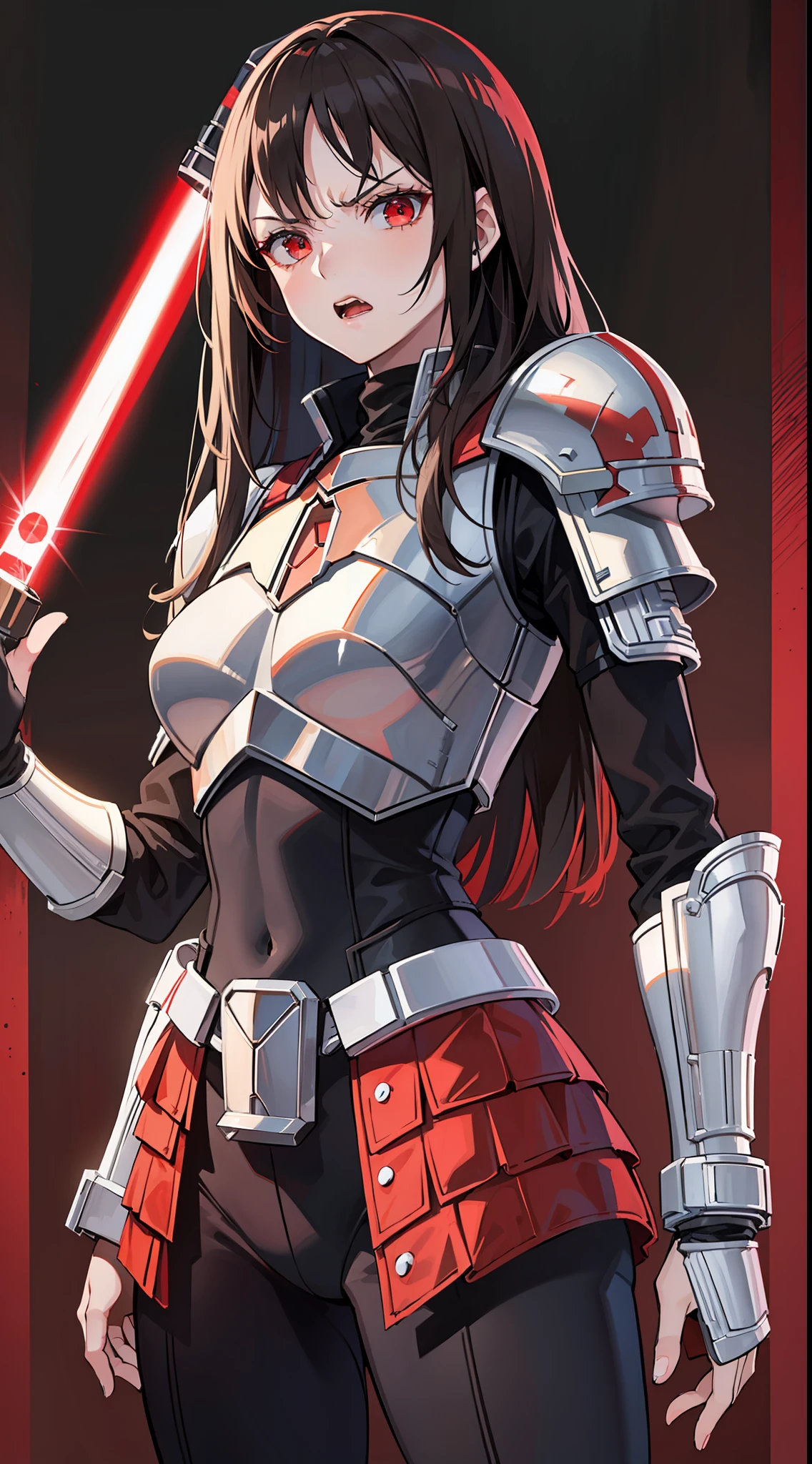 Adult woman, long brown hair, red eyes, angry, Mandalorian armor, black lightsaber, Masterpiece, hig quality