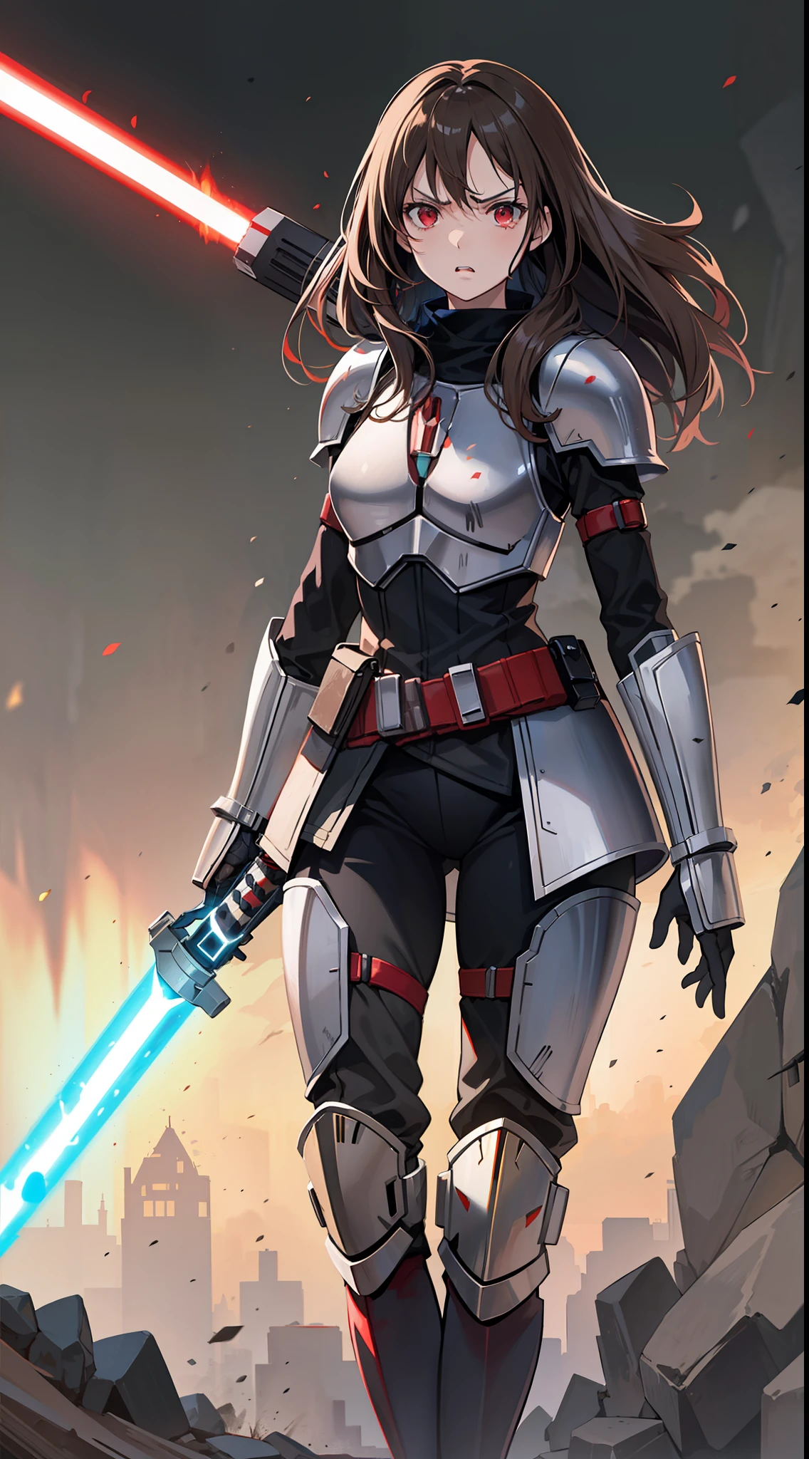 Adult woman, long brown hair, red eyes, angry, Mandalorian armor, black lightsaber, Masterpiece, hig quality