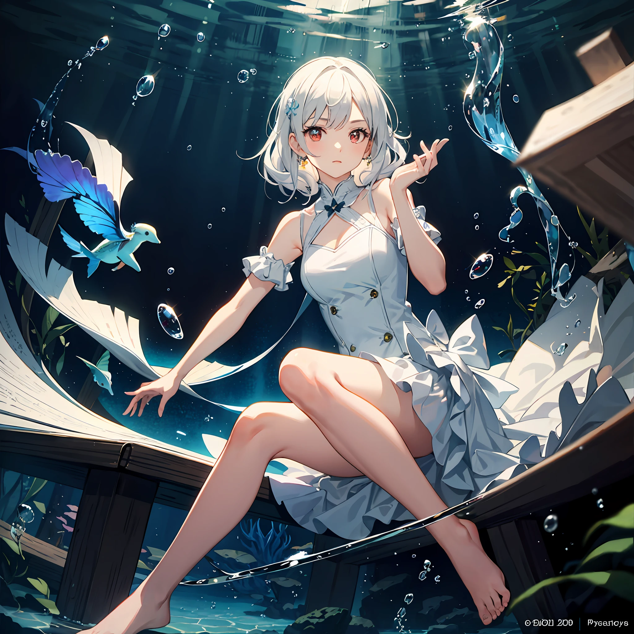 pastel colors, [(Transparent background:1.5)::5],(((masterpiece))),(((best quality))),(((extremely detailed))),illustration, 1girl,solo,mysterious,vivid color,shiny, underwater transparent sealed hemispherical glass dome, white hair,red eyes, full body,barefoot,long hair tranquil nature, koi,Underwater, Dome,close up,Dynamic actions,Lens perspective,(((Box composition))),sit cross-legged and lean against the bookshel,
