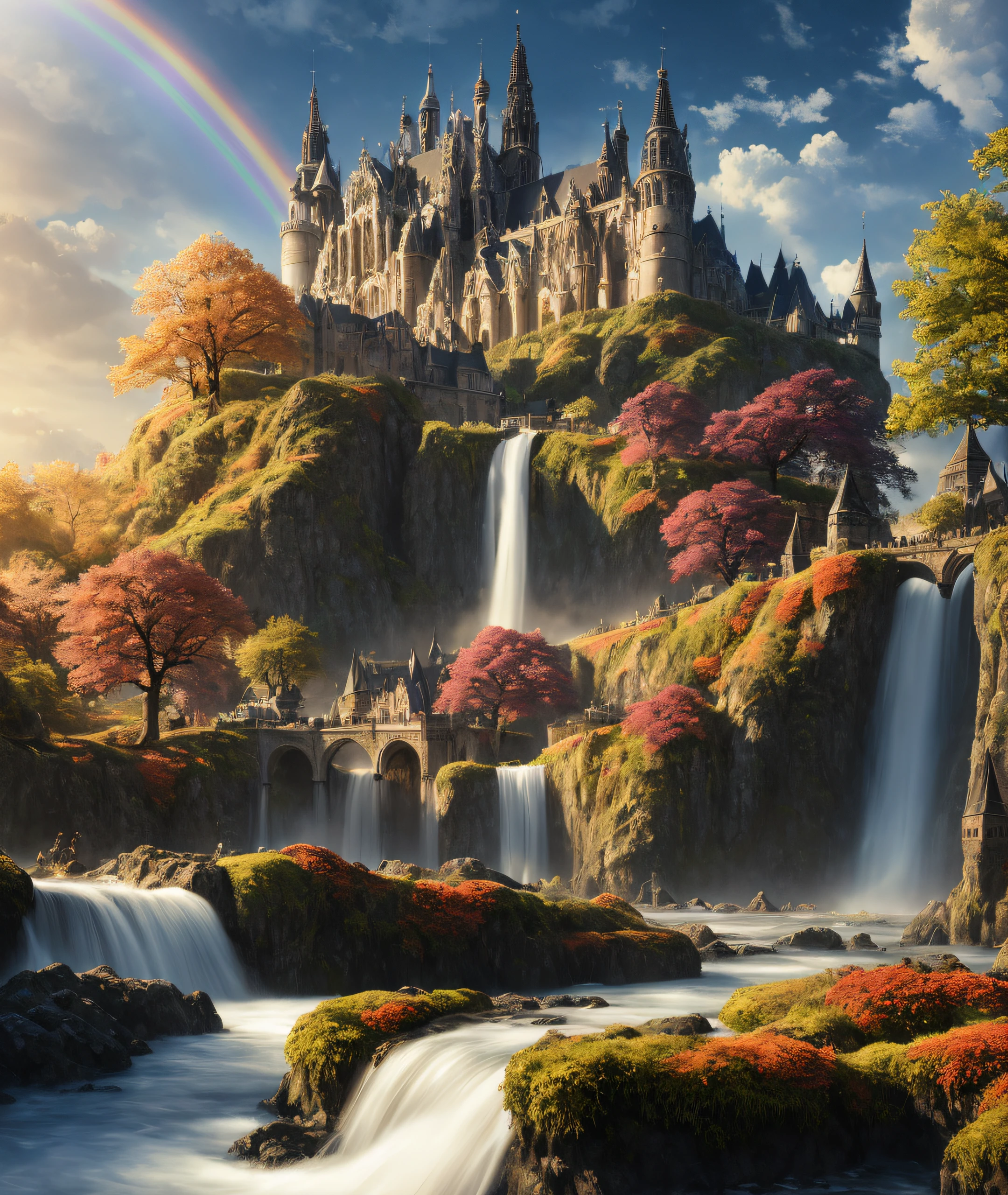 Masterpiece, best quality, high quality, extremely detailed CG unity 8k wallpaper, medieval castle kingdom. Landscape, Amsterdam, Autumn, Outdoors, Rainbow, Sky, Clouds, Sky, Landscape, Water, Trees, Blue Sky, Waterfall, Nature, Lake, River, Cloudy Sky, Award Winning Photography, Bokeh, Depth of Field, HDR, Bloom, Chromatic Aberration, photorealistic, highly detailed, trending on artstation, trending on CGsociety, intricate, high detail, dramatic, midjourney art