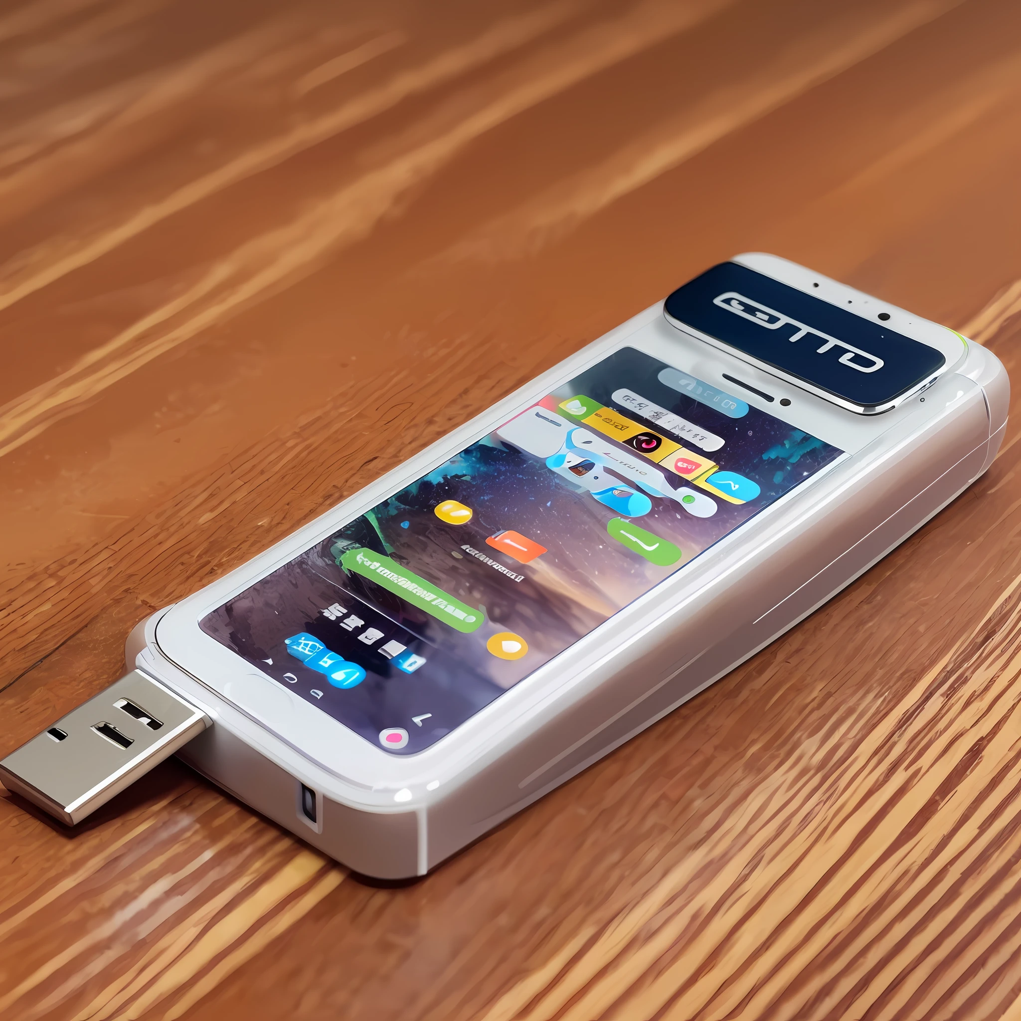 There is only one USB stick on the table,Do not appear any text symbols on the surface of the USB disk,A little decoration on the table,Give this USB stick a close-up,Overall bright style。