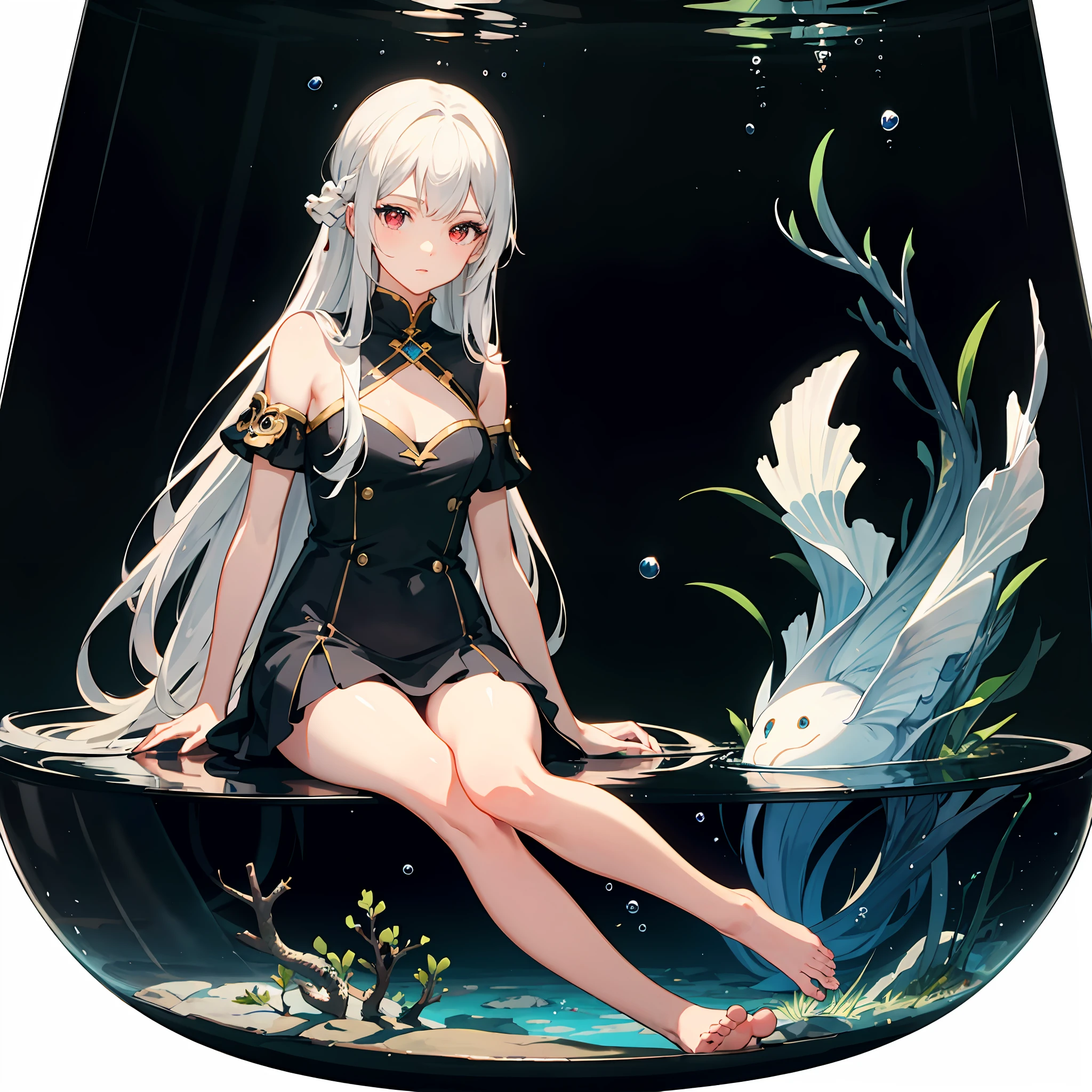 pastel colors, [(Transparent background:1.5)::5],(((masterpiece))),(((best quality))),(((extremely detailed))),illustration, 1girl,solo,mysterious,vivid color,shiny, underwater transparent sealed hemispherical glass dome, white hair,red eyes, full body,barefoot,long hair tranquil nature, koi,Underwater, Dome,close up,Dynamic actions,Lens perspective,(((Box composition))),sit cross-legged and lean against the bookshel,