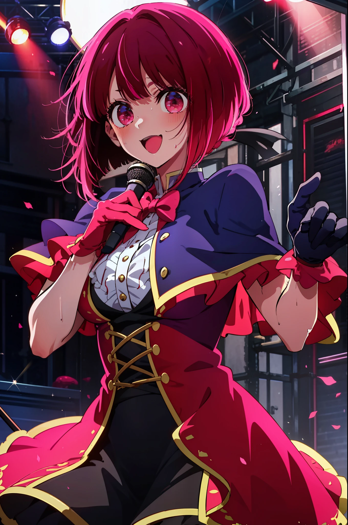 best quality, masterpiece, 2d, masterpiece, best quality, anime, highly detailed, cowboy shot, 1girl, solo, looking at viewer, smile, red hair and a red eye, happy, sweating, posing, ((red dress)), (((pink gloves))), dancing, singing, glow, on stage, hair ornament, stage, lights, streaked hair, glowing eyes, medium breast, gloves, mouth open singing, short cape corset, black skirt, Red skirt, red skirt, 8k