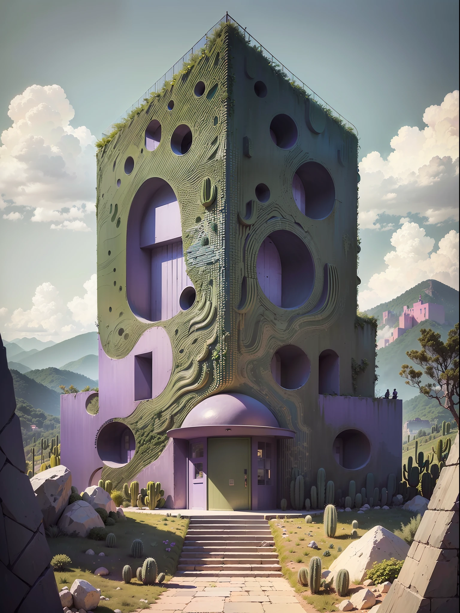 Illustration, a garden whit abundant cacti, various organic sculptures, big rocks, (((multiple sections))), collage style, detailed, (((color palette olive green, violet, grey, blue, black and white))), (((a lot Luis barragán's architecture style builds))) big clouds, mountains in horizon, stairs, bridge, in the forest. ((masterpiece, best quality)),illustration,ultra detailed 8k
