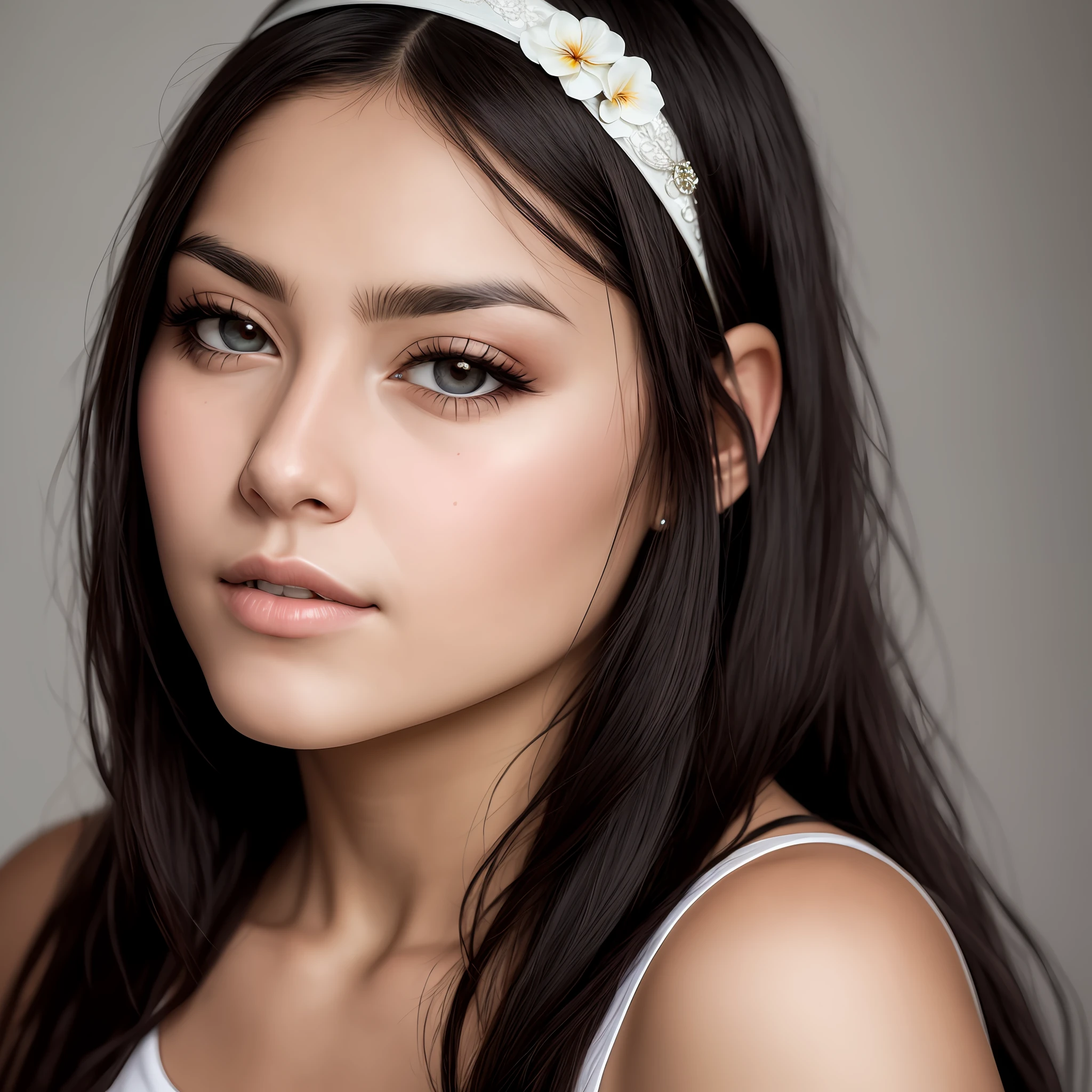 CLOSE-UP, RAW,beautiful woman face, black hair, brown iris, cute, headband,