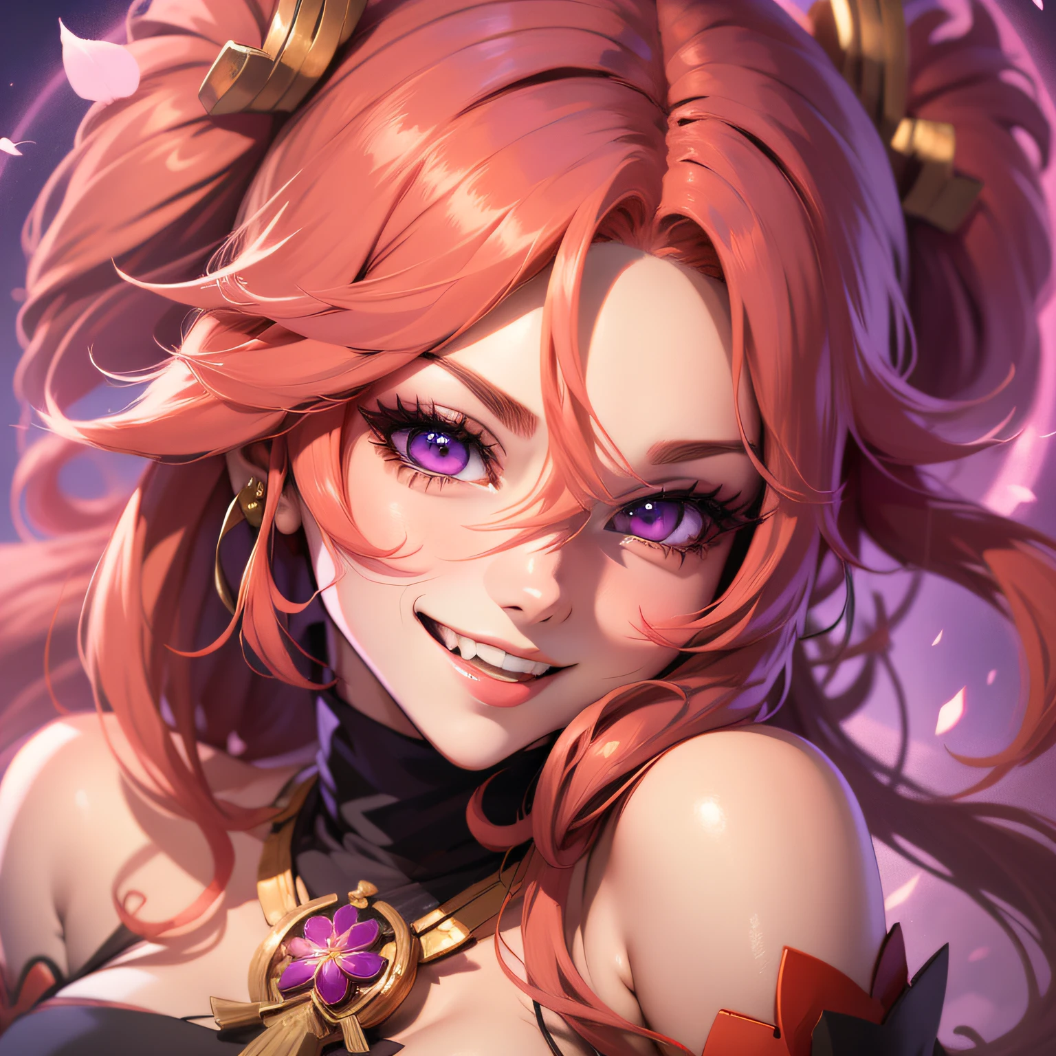 Feliz, sorridente, garota, cabelo vermelho, ruiva, olhos vermelhos, melhor qualidade, ultrahigh-resolution, 1Menina, anime, estilo anime, manga, 4k