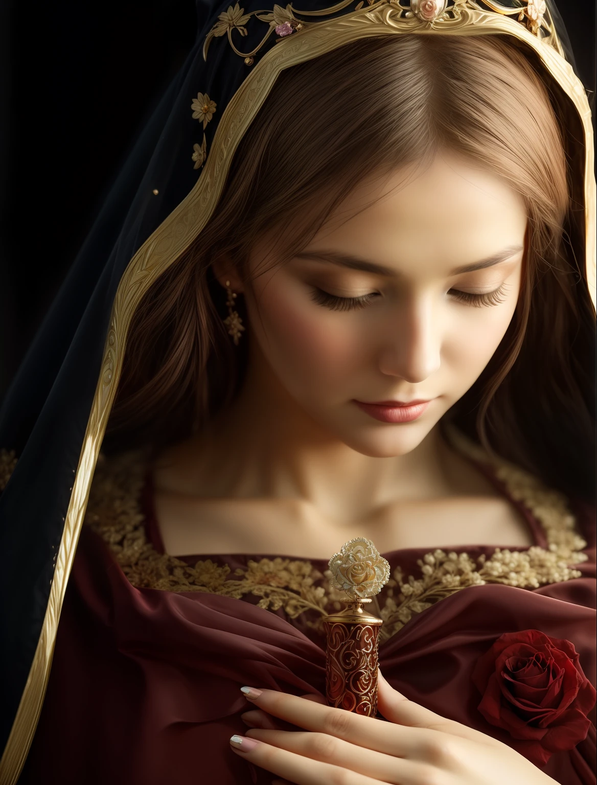 Holy VIRGIN MARY MYSTICAL ROSE, SWEET AND INNOCENT ANGELIC GAZE, ultra detailed artistic photography, midnight aura, night sky, detailed gorgeous face, dreamy, glowing, backlit, glamour, glimmer, shadows, oil on canvas, brush strokes, smooth, ultra high definition, 8k, unreal engine 5, ultra sharp focus, art by alberto seveso, artgerm, loish, sf, intricate artwork masterpiece, ominous, matte painting movie poster, golden ratio, trending on cgsociety, intricate, epic, trending on artstation, by artgerm, highly detailed, vibrant production cinematic character render ultra high quality model