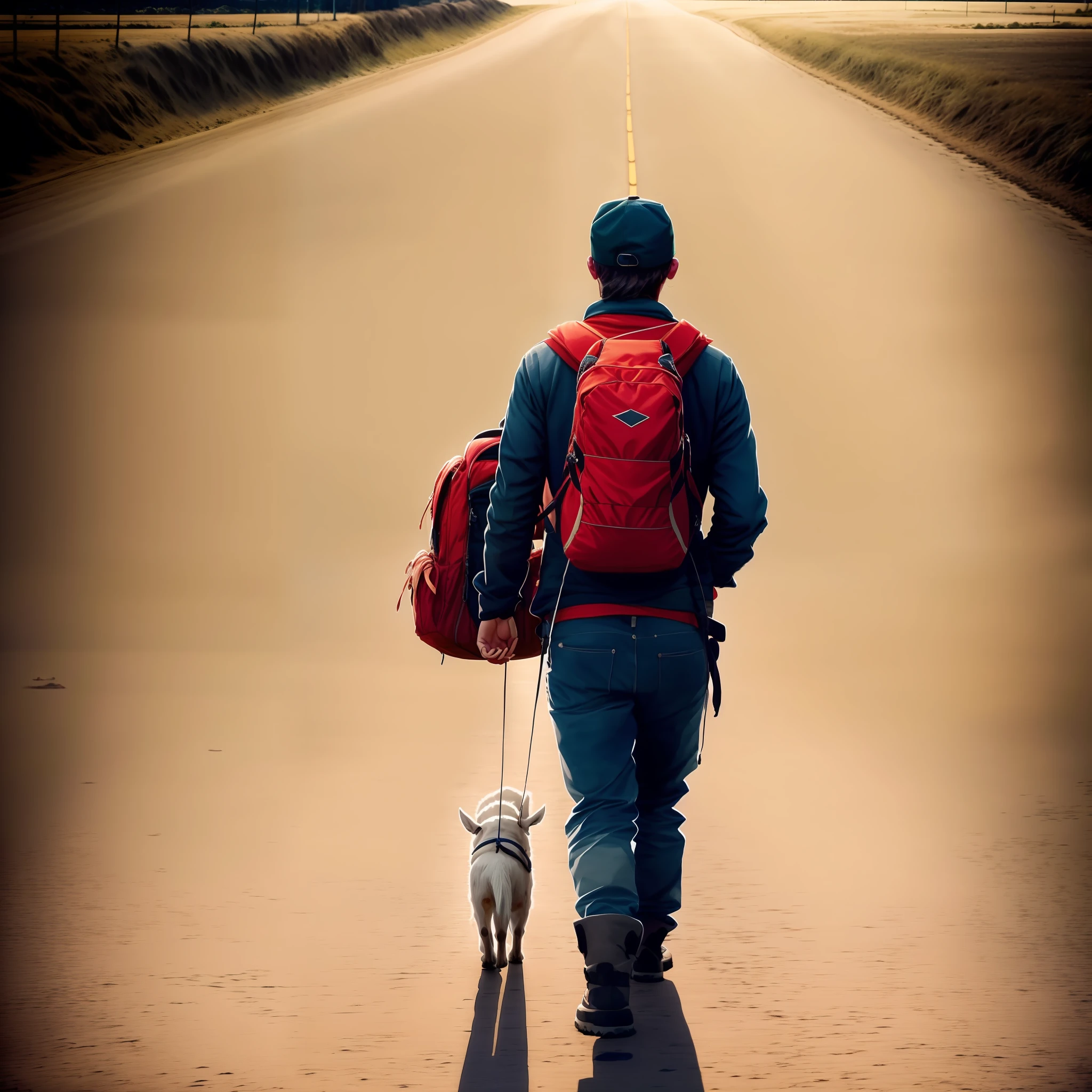 Uma silhueta de um personagem com uma mochila, walking towards an unknown horizon.