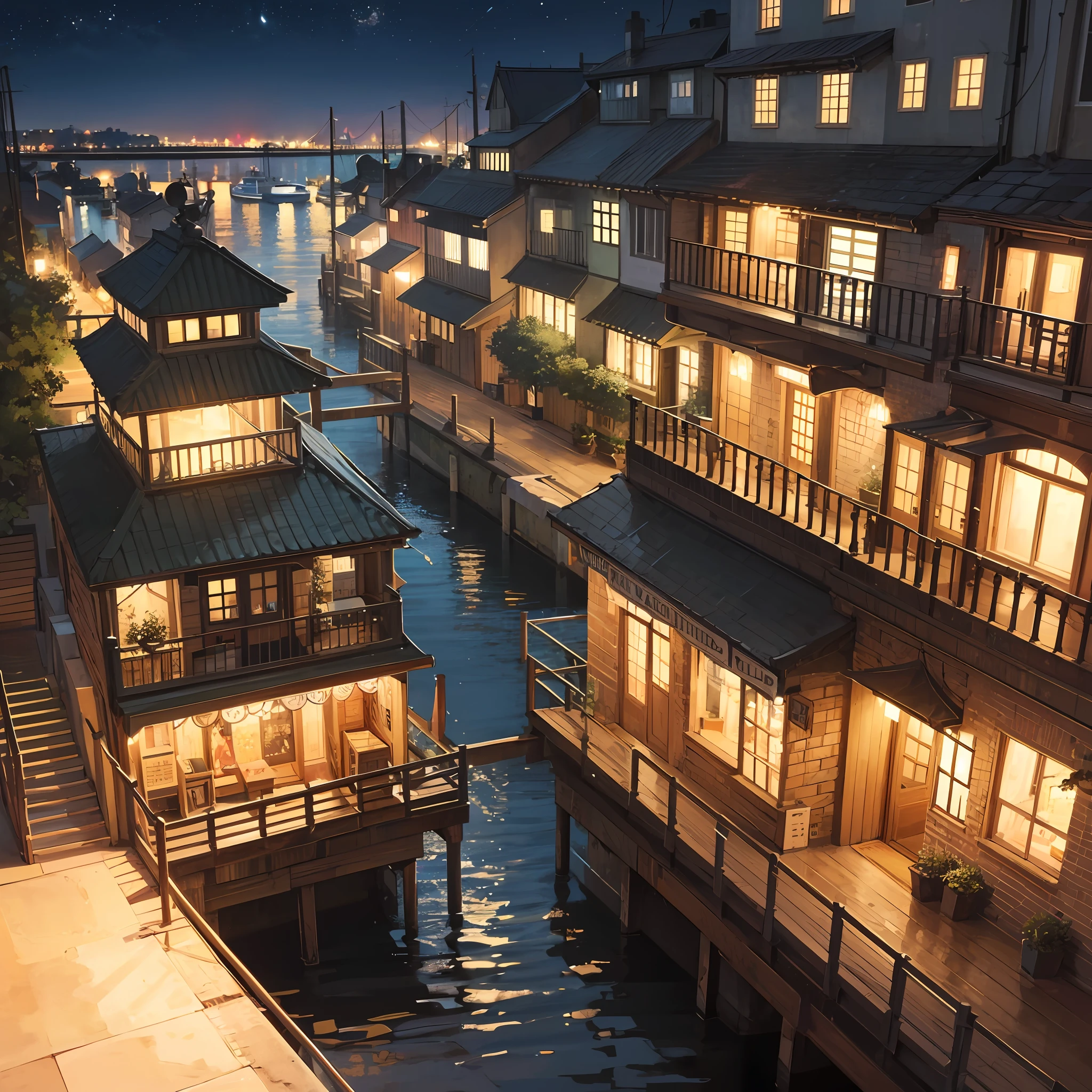 CG+Watercolor drawing, Wharf, harbor, boats, Observation view of the city pier, Street, Water channels, CG,realistic fentezi, A complete copy of the marina, Little Harbor, Breathtaking small streets, stage, Wooden houses, Fireflies dancing in the air, Their gentle glow illuminates the surroundings. Capture this magical moment in an intricate, high-quality illustration with attention to the smallest details and realistic shadows. Isometric 3D rendering using Octane Render and ray tracing will bring this magical port city to life, “Lit cityscapes," “Starry skies," “Moonlit landscapes," “Night time portraits," “Long exposures." --auto