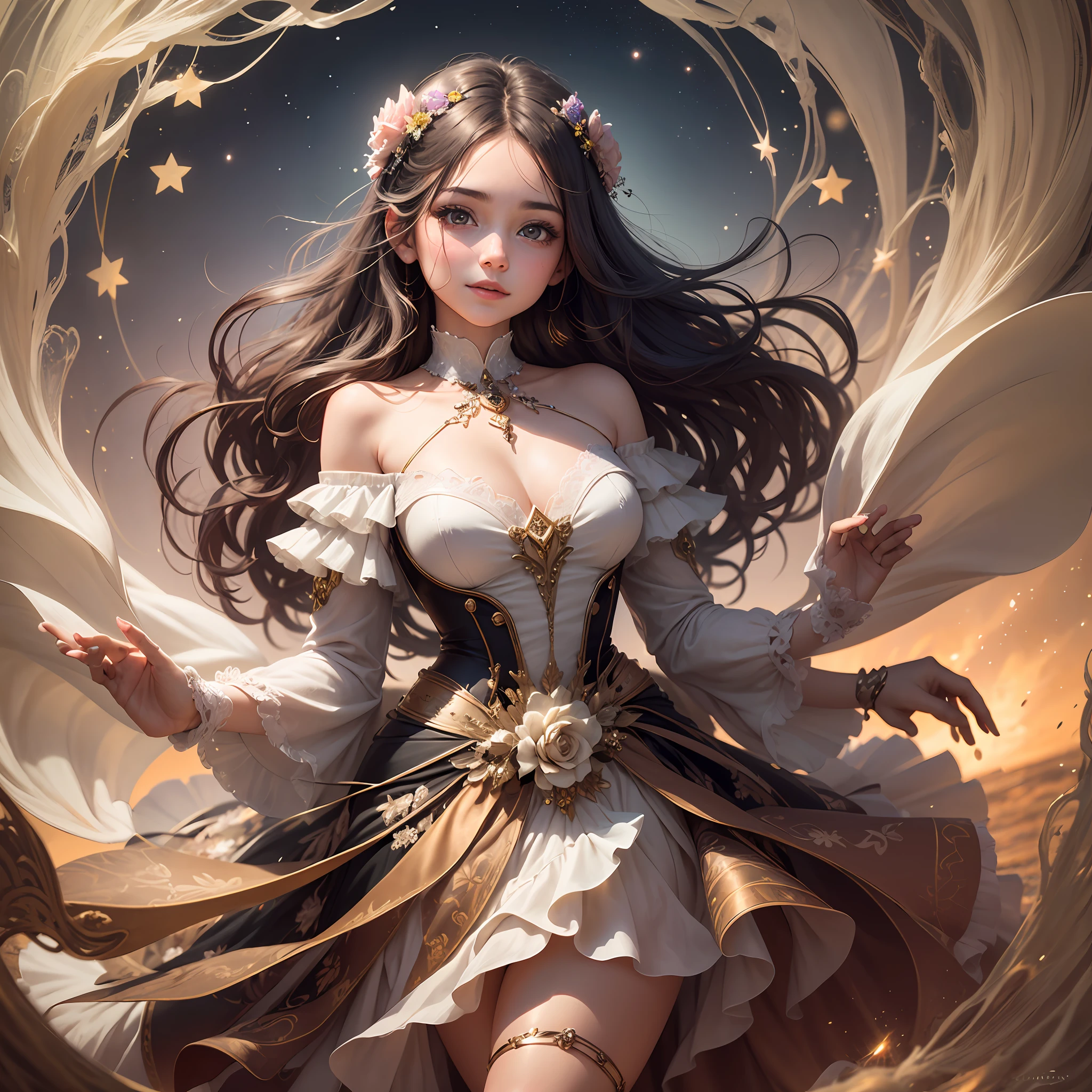A young girl stands tall, her vibrant spirit illuminating the world around her. Her flowing locks cascade in gentle waves, framing a face adorned with a mischievous smile and lively eyes that sparkle like stars. Dressed in an exquisite gown, she radiates grace and confidence with every step. Her delicate features reflect the innocence of youth, while her poised stance hints at the strength within. In her presence, one senses a captivating blend of curiosity, resilience, and boundless potential. This enchanting image captures the essence of a girl blooming into a remarkable young woman, ready to conquer the world with her beauty and grace. --auto --s2