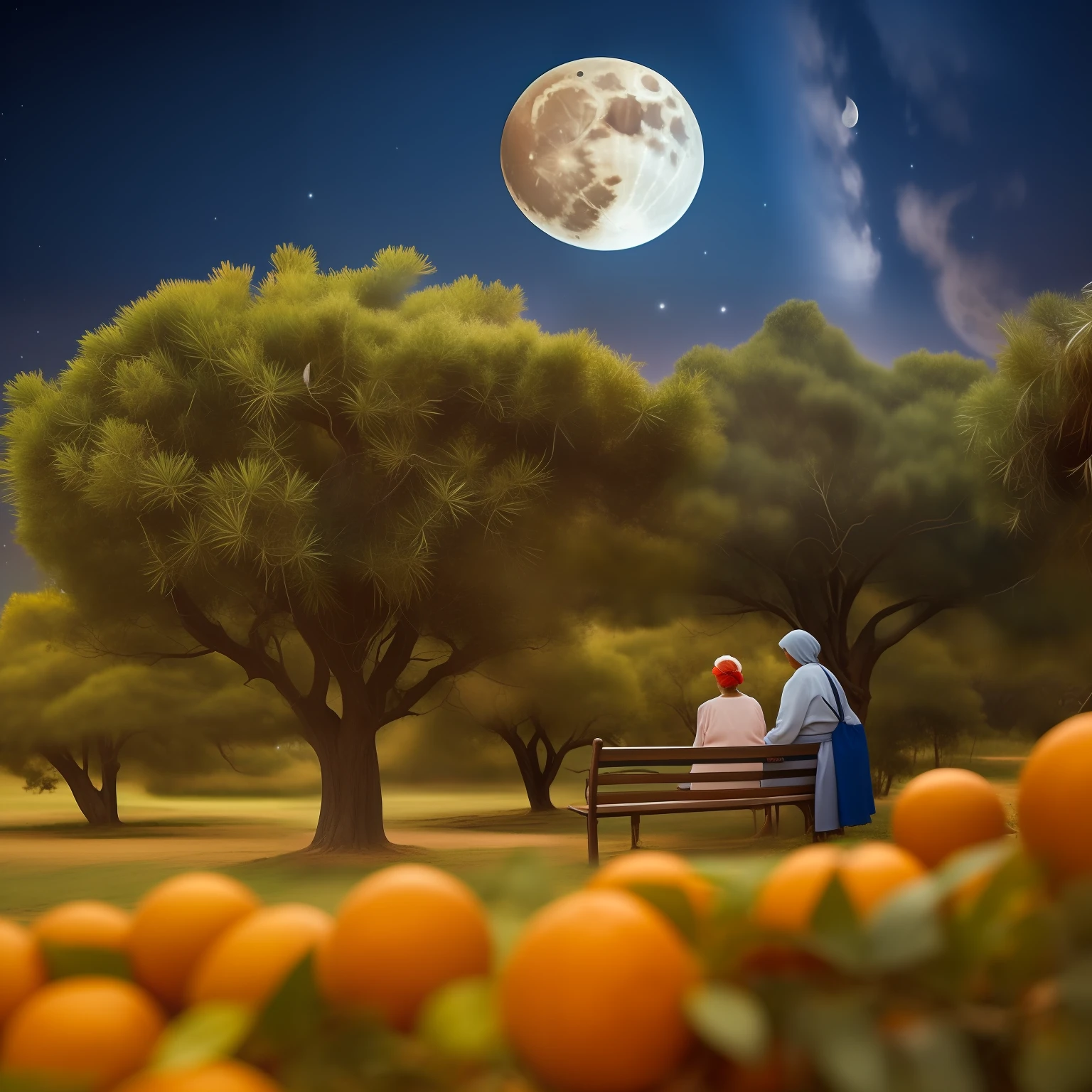 The image depicts the grandmother sitting on a bench, next to an orange tree, curling her hair while holding a mug of coffee. The children around are eager to hear the stories. Moon in starry sky, ambiente rural no Brasil. Inspirado em Claudio Souza pinto