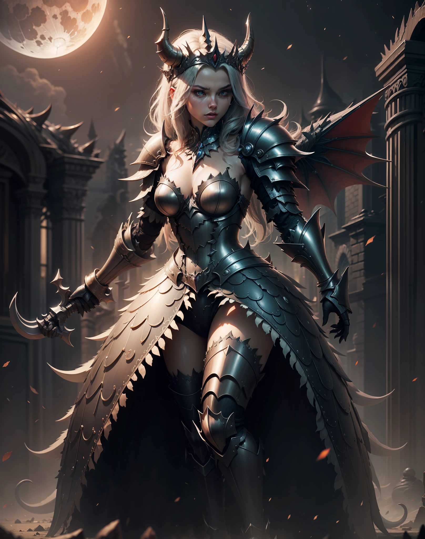 (Meisterwerk), very high quality, ultra-detailliertes CG Unity 8k Wallpaper, beautiful demon queen, dreamlike heavy full-body armor, atemberaubendes Gesicht, Vollmond im Hintergrund