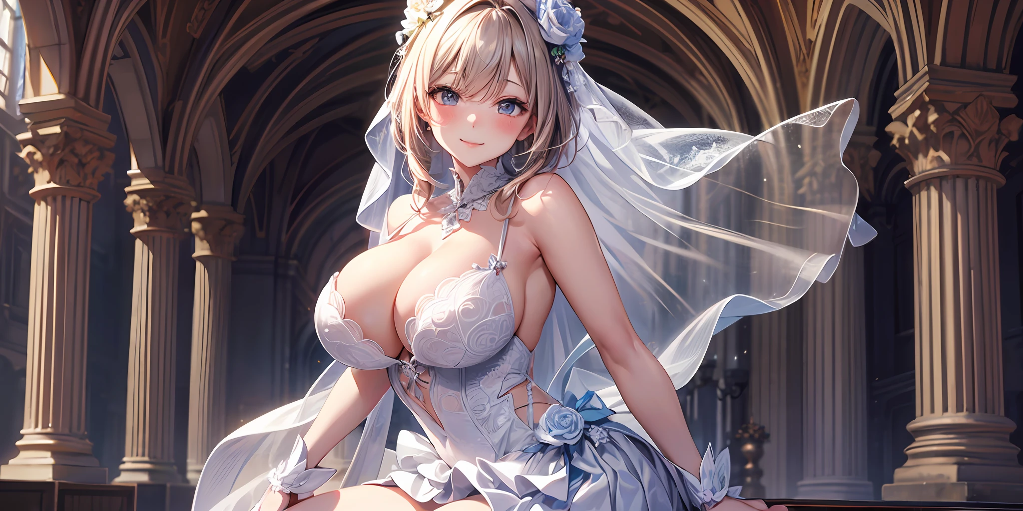 masterpiece, best quality, official art, extremely detailed CG unity 8k wallpaper, detailed background, 1girl, bride, wedding dress, sleeveless, short skirt, huge breasts, hanging breasts, cleavage, blushing, seductive smile, bare shoulders, (high heels:1.3), wide heeps, (leaning forward),