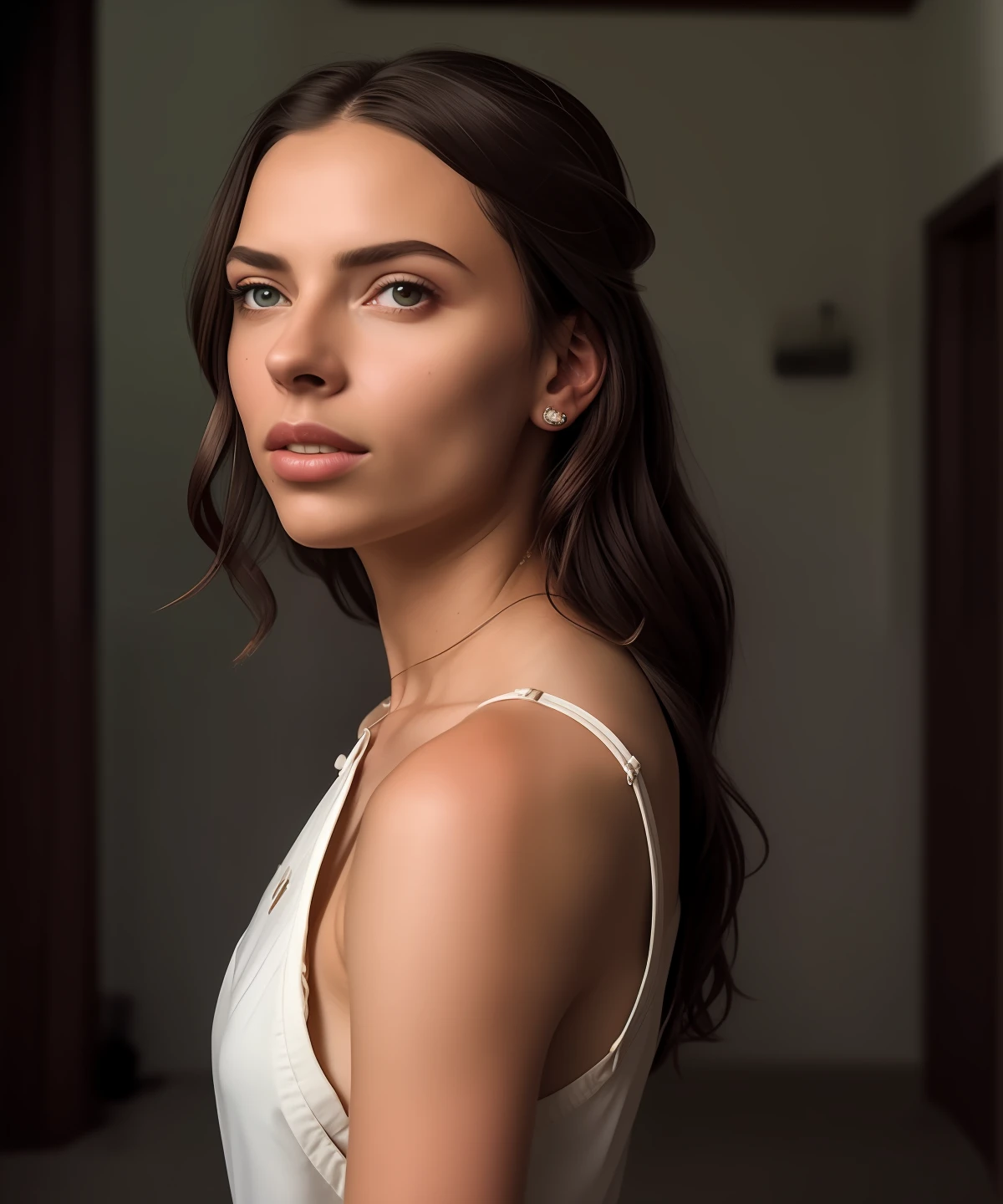 retrato ultra realista de uma mulher de cerca de 30 anos com cabelos cacheados muito longos e um rosto que lembra Adriana Lima, usando uma roupa de guerreiro de couro cravejada com muitas fivelas e fivelas, sem decote, Ao fundo, You can see an ancient medieval stone castle and a sunset in its entirety, fios de cobre , intrincado, head shoot, altamente detalhado, imagem digital, Artstation, arte conceitual, foco, Cinema lighting, illustation, Artgerm e Greg Rutkowski, Alphonse Mokka, cgoocidade, Olivia, cinematic photo by arri canon fuji kodak, extremamente detalhado , Nitidez , Detalhes, professionnal lighting, film lighting, Lightroom, Cinematography, 5D Canon