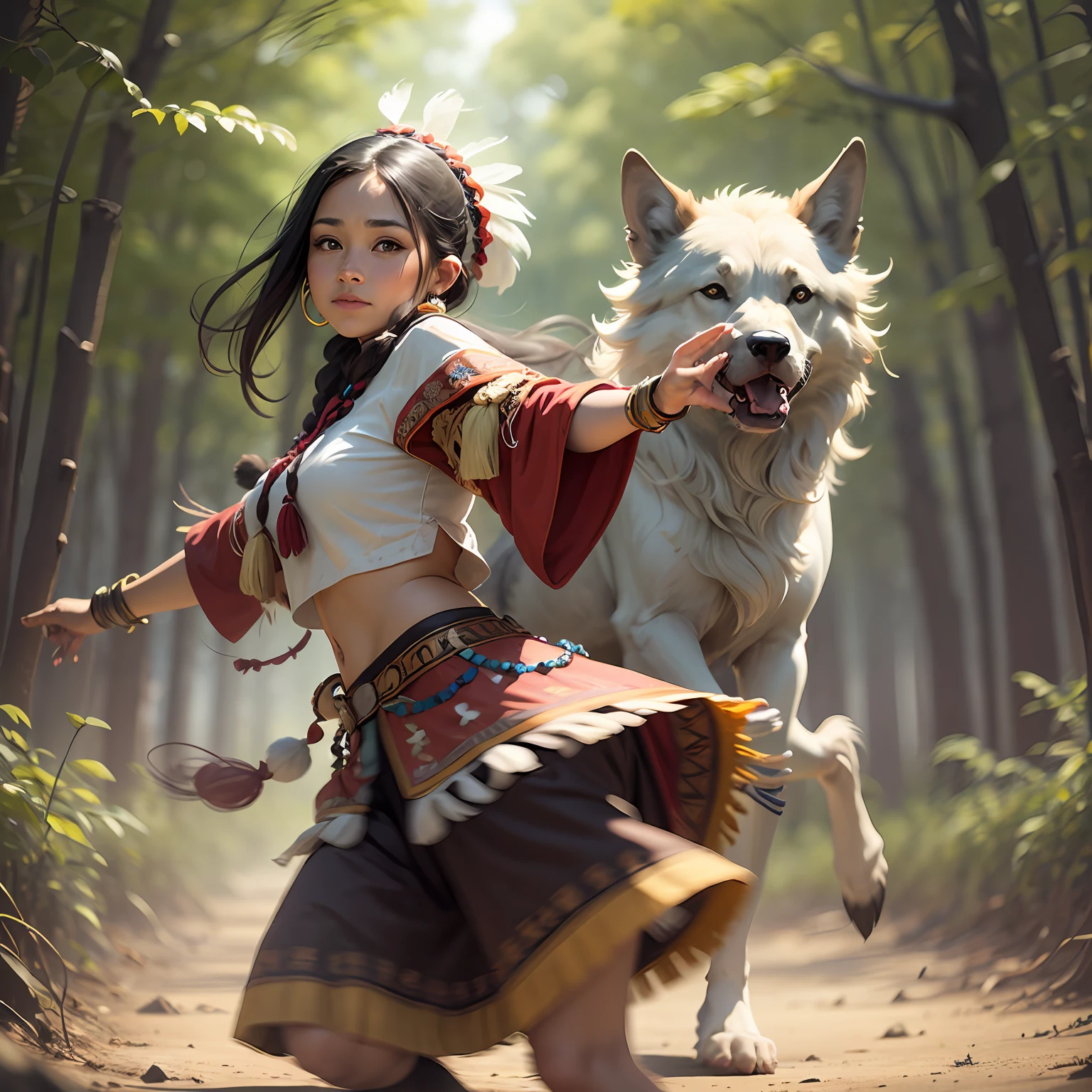 "a young native woman dancing with wolves" --auto --s2