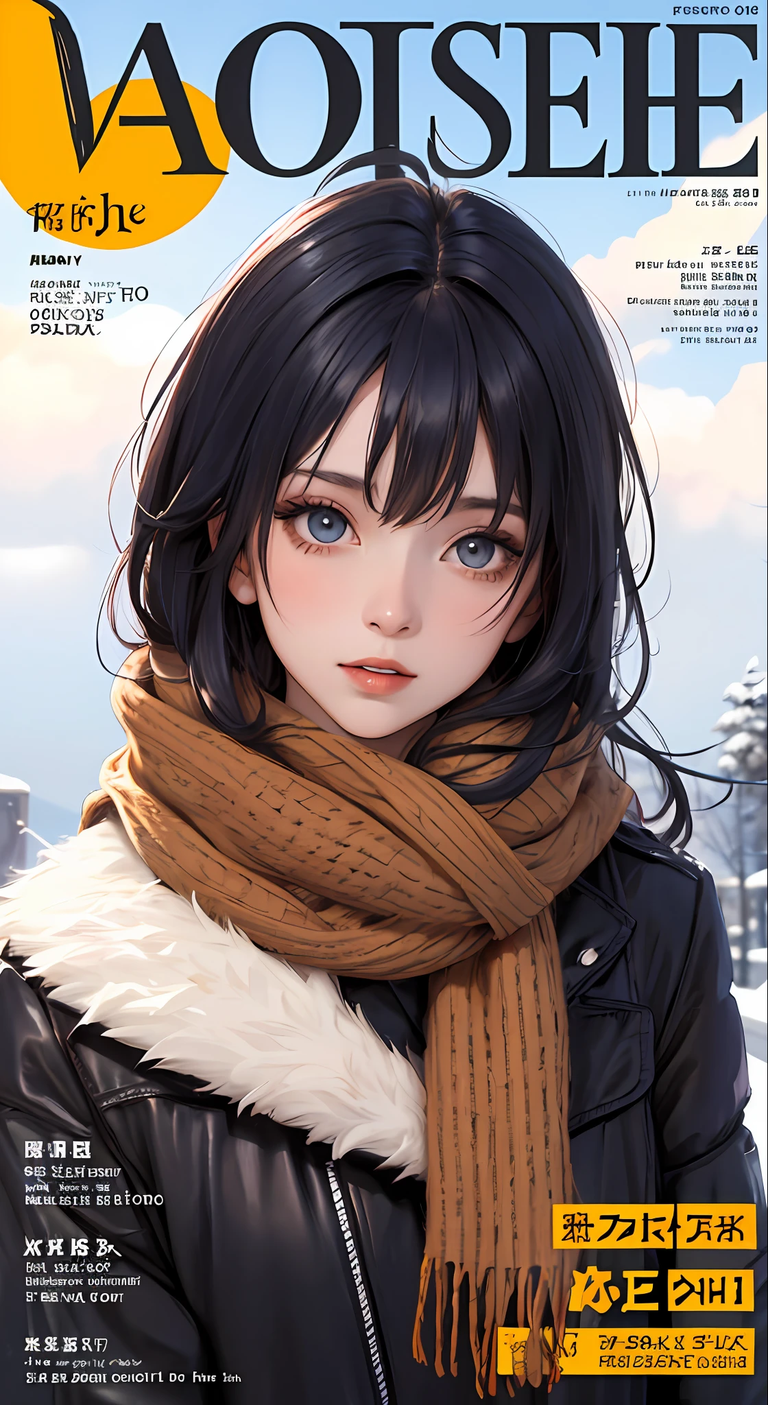 The Masterpiece,need,Female model cover protagonist,Character introduction,Winter's,scarf,text,Text box,Colored hair,al fresco,cover of a magazine,Autumn theme,Complex covers