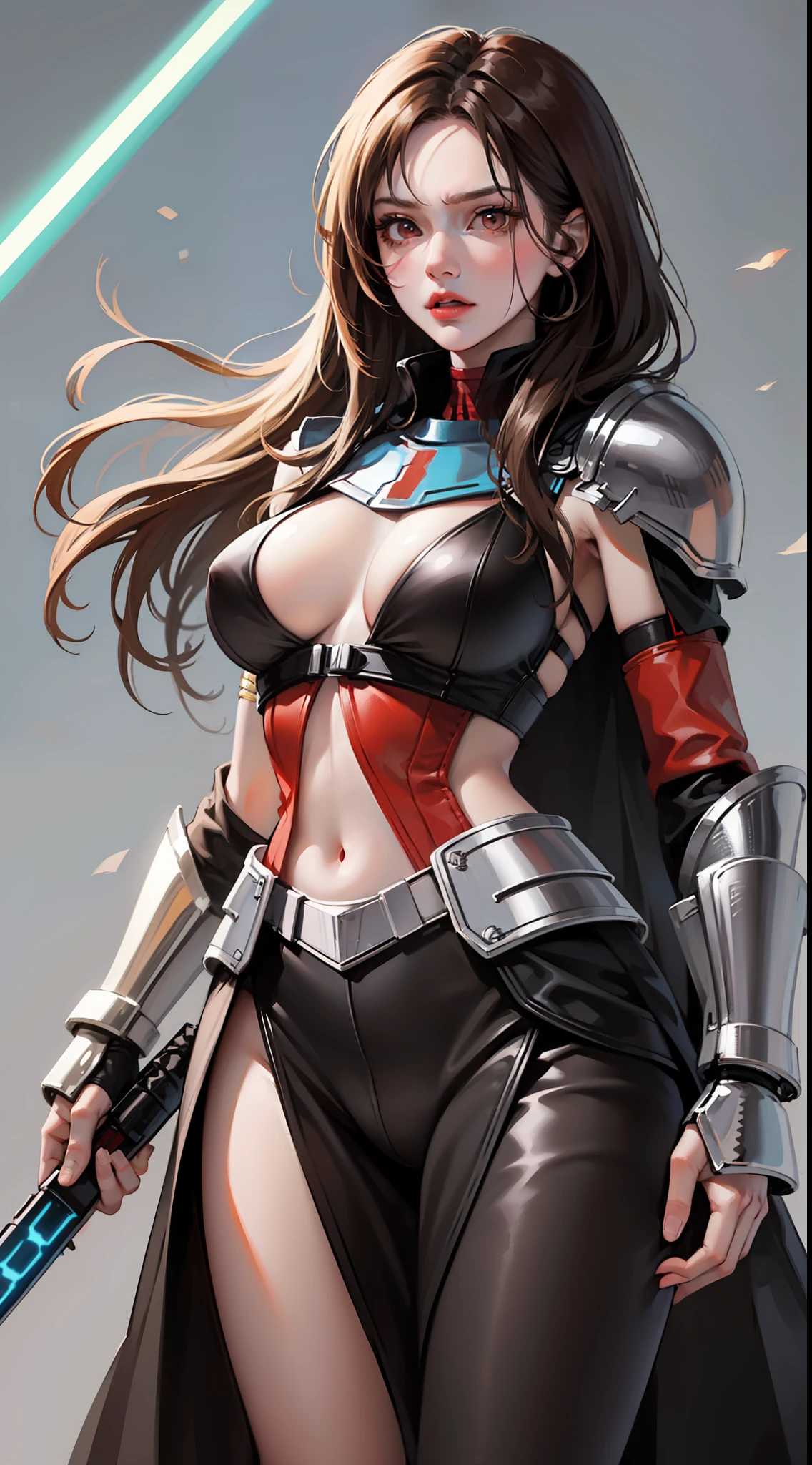 Adult woman, long brown hair, red eyes, angry, Mandalorian armor, black lightsaber, Masterpiece, hig quality