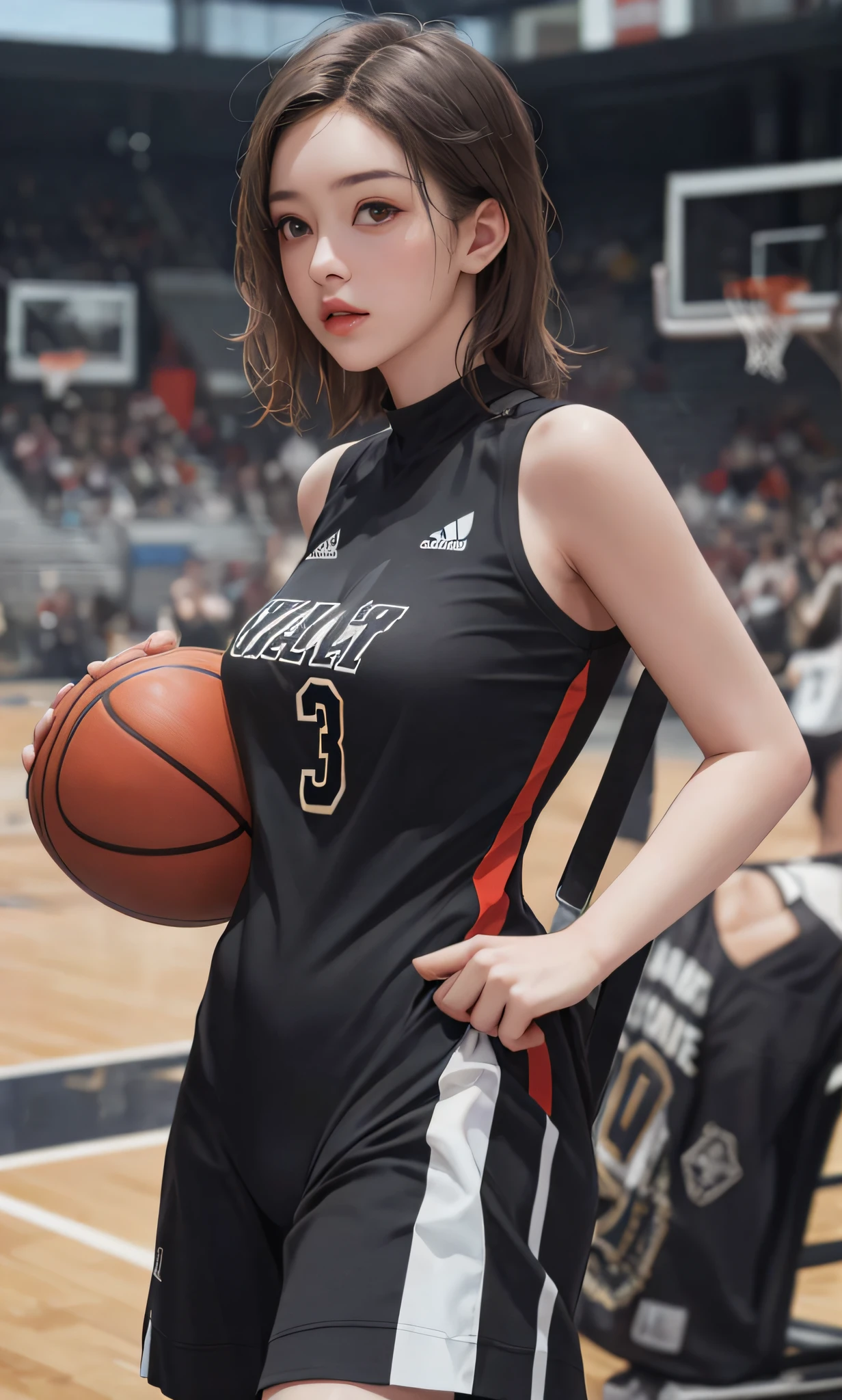 (8k, RAW photo, best quality, masterpiece:1.2), (realistic, photo photorealistic:1.4), illustration, high resolution, hexagon, (1 girl), gorgeous, rough skin, (oval face:1.1), professional lighting, photon mapping, radiosity, physically based rendering, cute, in basketball suit, big breasts, (), on basketball court, pureerosface_v1:0.3