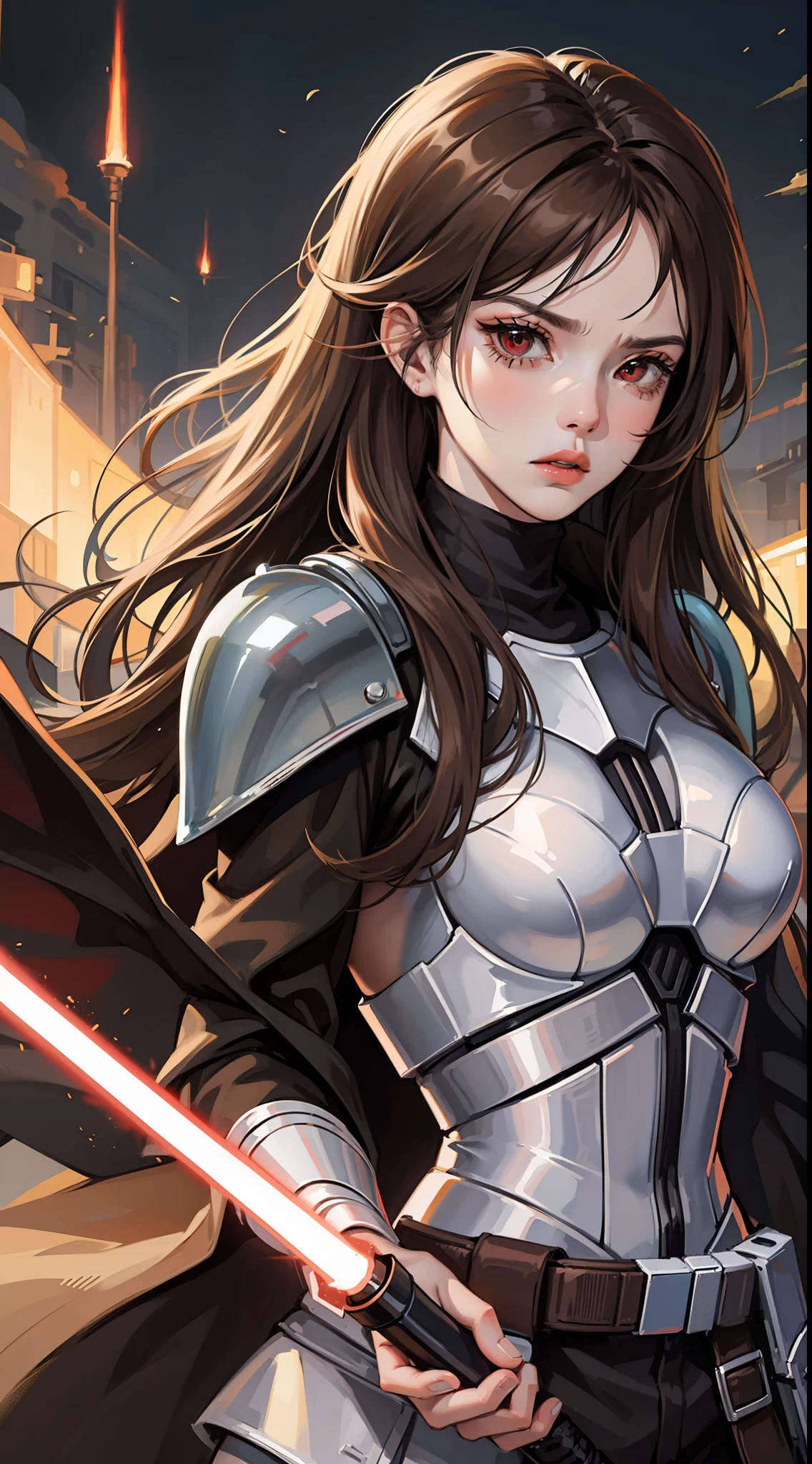Adult woman, long brown hair, red eyes, angry, Mandalorian armor, black lightsaber, Masterpiece, hig quality