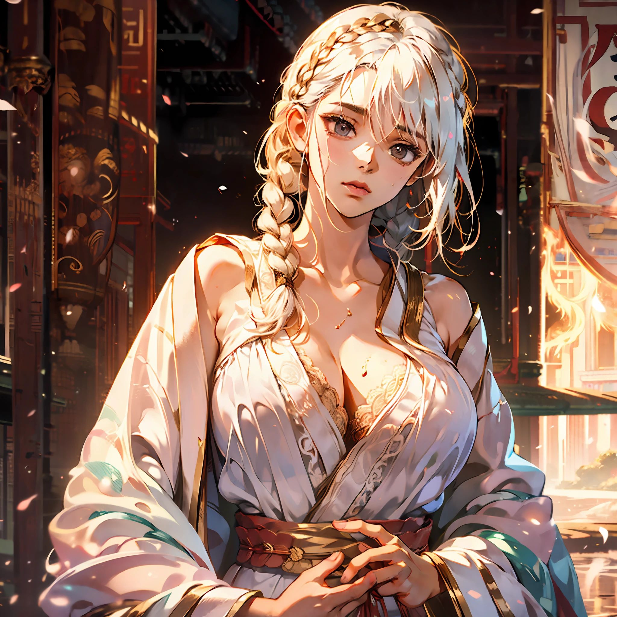 The Masterpiece, whitehair, Golden eyes, White robe, Look up, upper-body, hair strand, Fair skin, side braid, Japanese anime, a one woman, Exposed , Lace, 8K, Super detail ，Wear less clothes，largebreasts，wetclothes