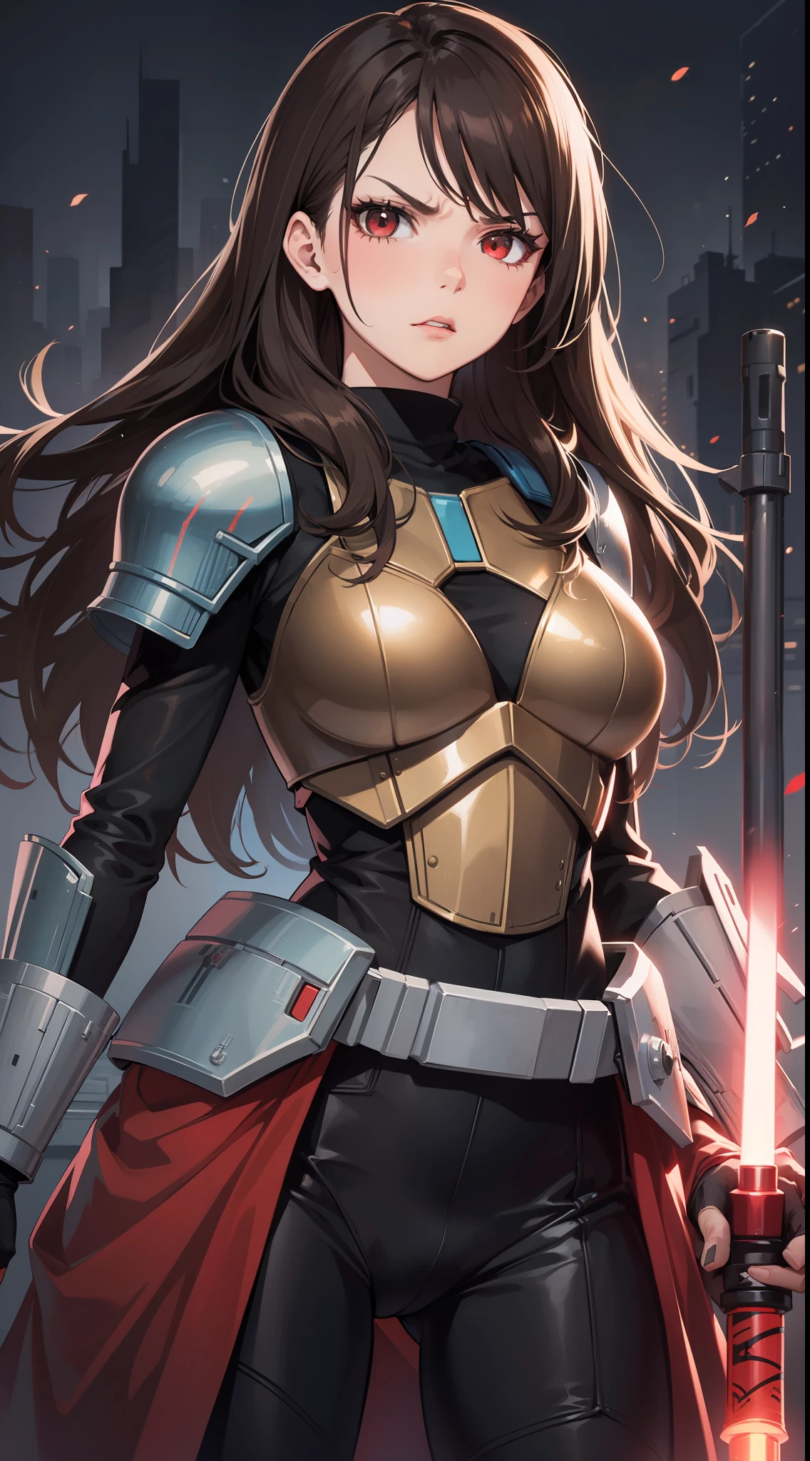 Adult woman, long brown hair, red eyes, angry, Mandalorian armor, black lightsaber, Masterpiece, hig quality