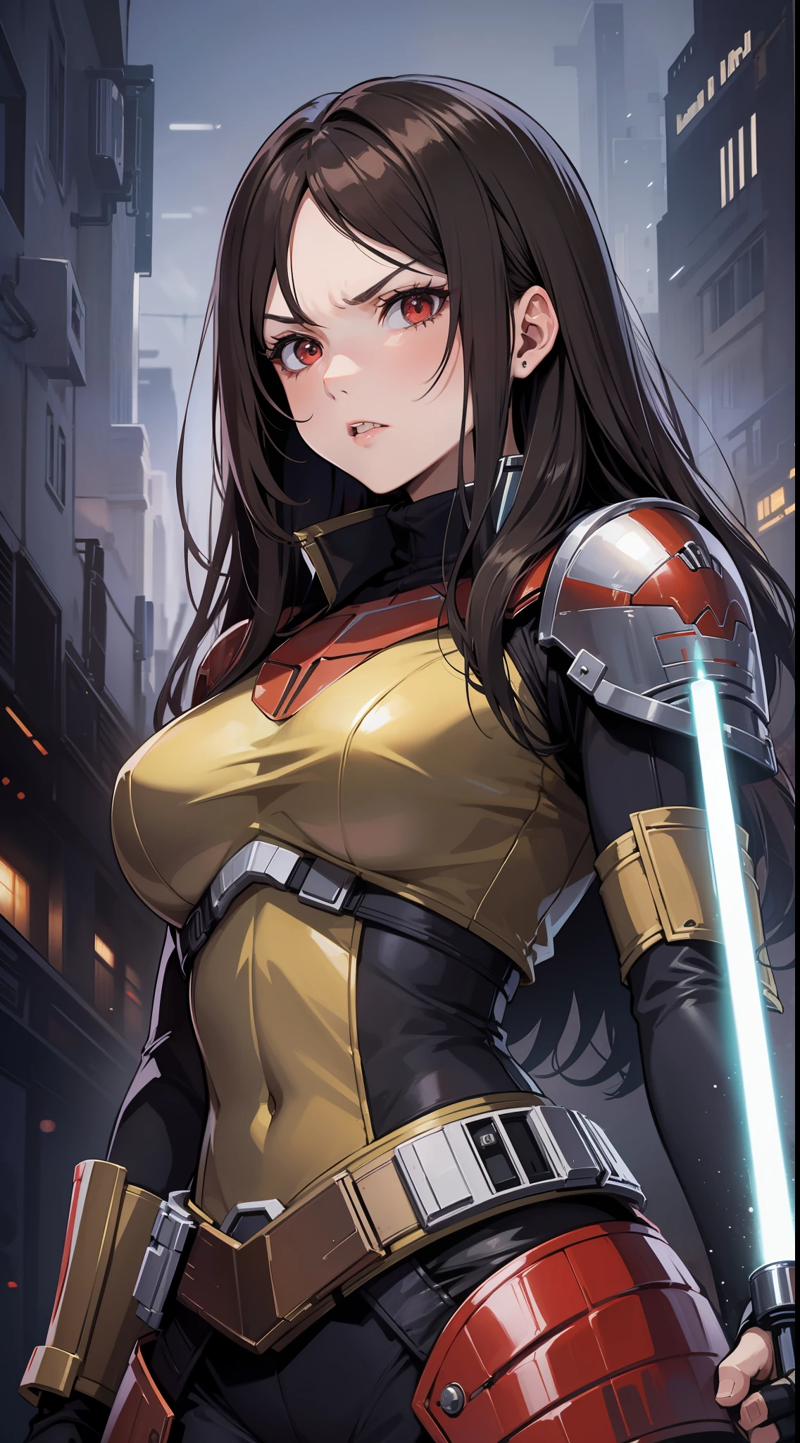 Adult woman, long brown hair, red eyes, angry, Mandalorian armor, black lightsaber, Masterpiece, hig quality