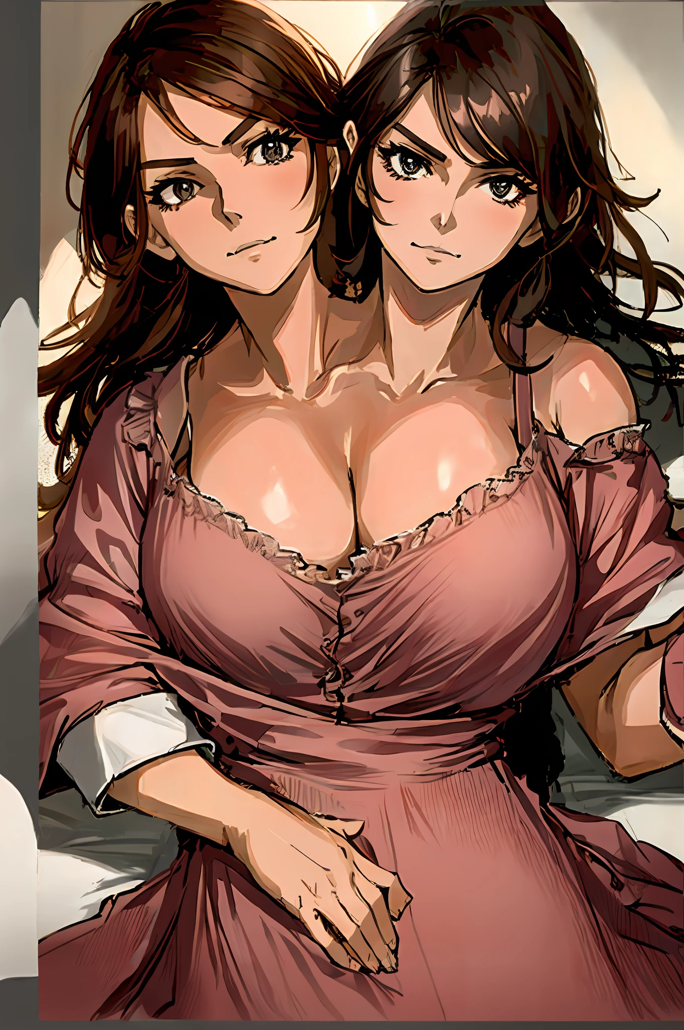 2heads, tribreasts, solo, close up, posing, long brown hair, pajamas, large breasts, laying in bed, sleepy, 2 heads, tired, pink nightgown. Enormous breasts, three breasts