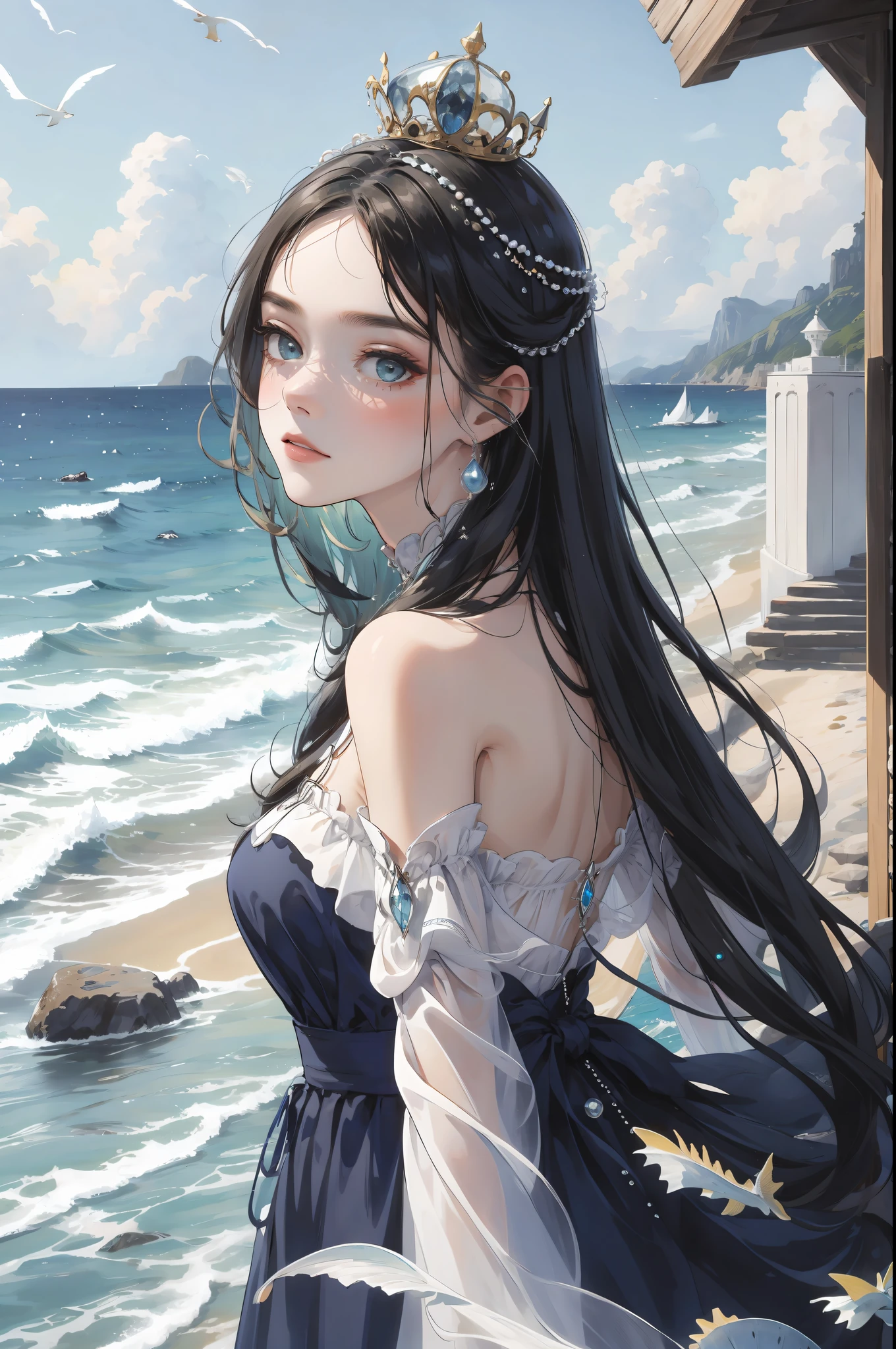 The Masterpiece, Best quality, The Masterpiece,,熟女，One Man，Long navy blue hair，empy eyes，puled up dress，gargantilha，pearls，seashells，sea waves，seas，the sea，fishes，ship，ultra-details，Best Picture Quality，White Crown，The Masterpiece，need，head ornaments，hair ornament，Complex details，off the shoulder，Fairy of the Divine Realm