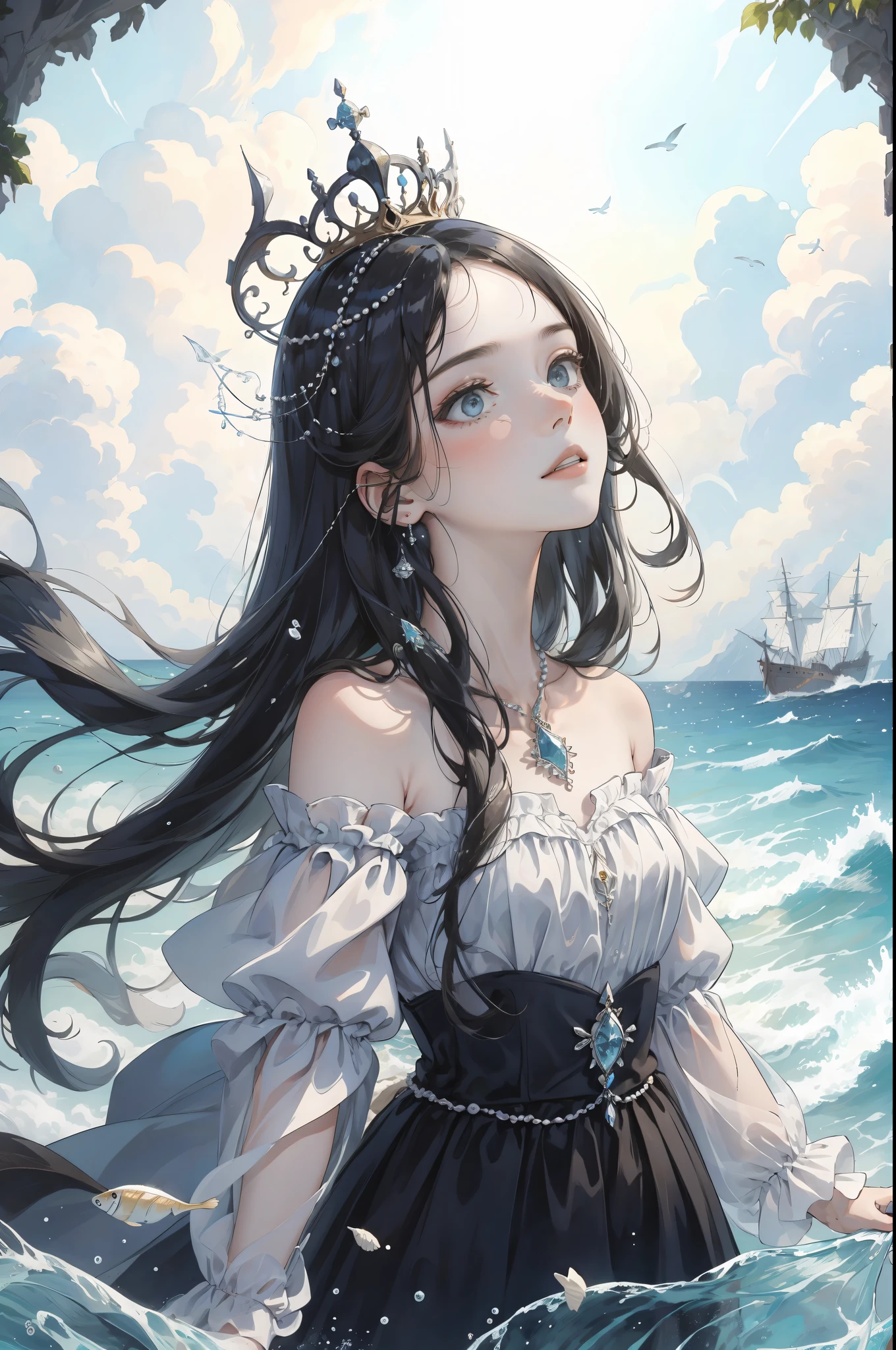 The Masterpiece, Best quality, The Masterpiece,,熟女,One Man,Long navy blue hair,empy eyes,puled up dress,gargantilha,pearls,seashells,sea waves,seas,the sea,fishes,ship,ultra-details,Best Picture Quality,White Crown,The Masterpiece,need,head ornaments,hair ornament,Complex details,off the shoulder,Fairy of the Divine Realm