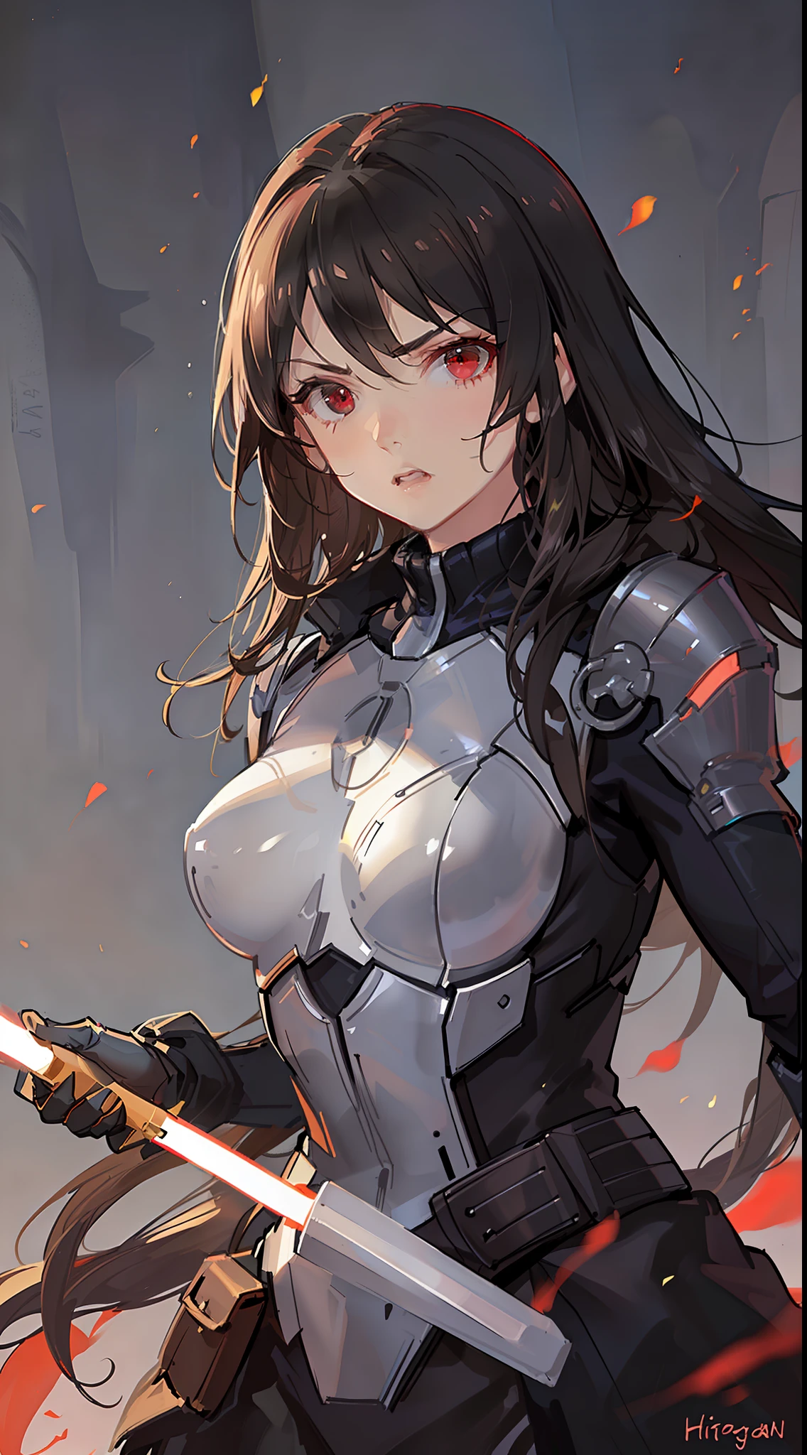 Adult woman, long brown hair, red eyes, angry, Mandalorian armor, black lightsaber, Masterpiece, hig quality