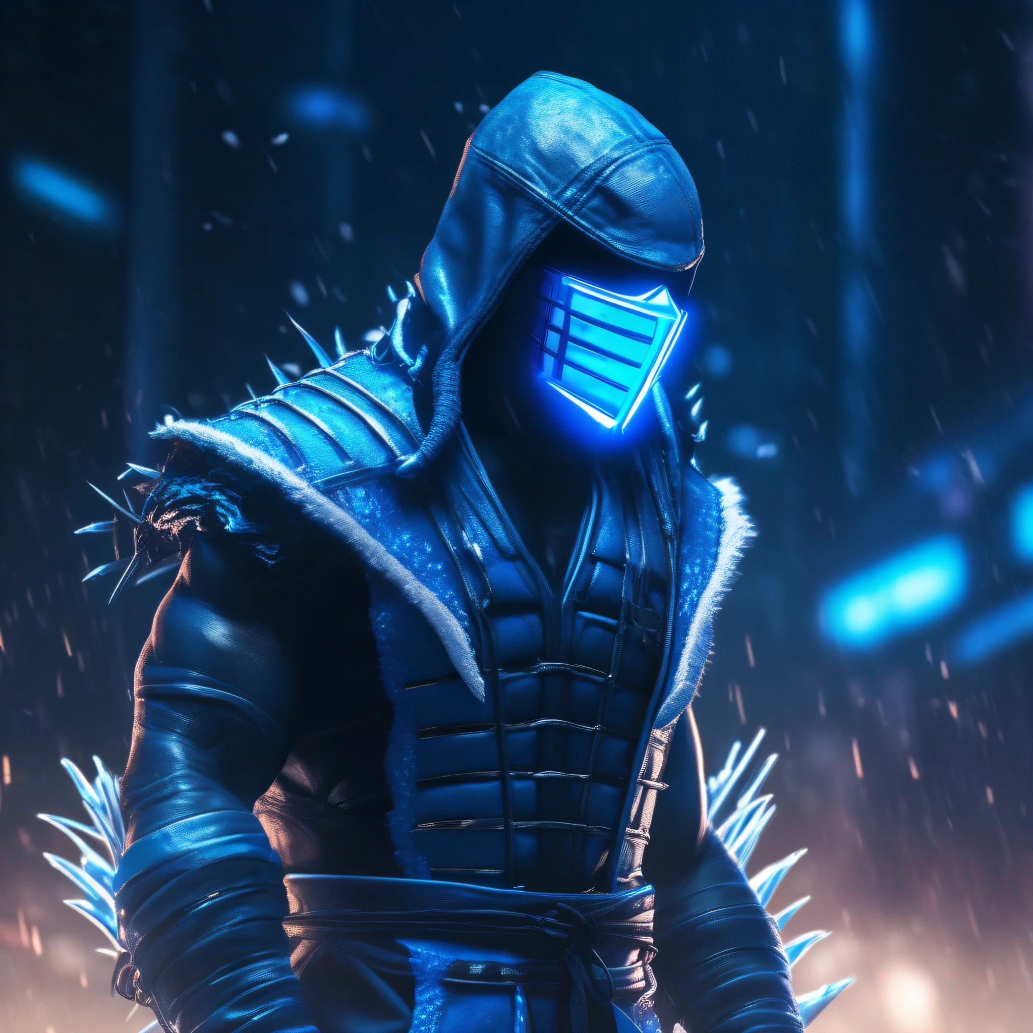 Sub Zero Ninja, homem, Mortal Kombat, Estilo CyberPunk, arte em gelo, ambiente congelado, high detail, Conceptual art, anime style, cinematic lighting, reflection light, diffraction spikes, Nikon, UHD, super detail, high quality, 1080P, 4K, 8k