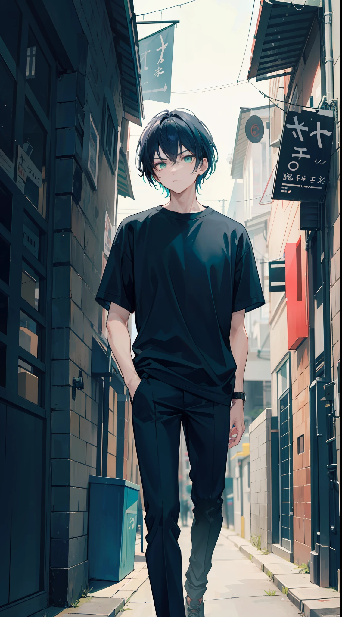 A man, standing in a dark alley, was wearing a black shirt and black trousers, dark blue hair and bright green eyes, badass