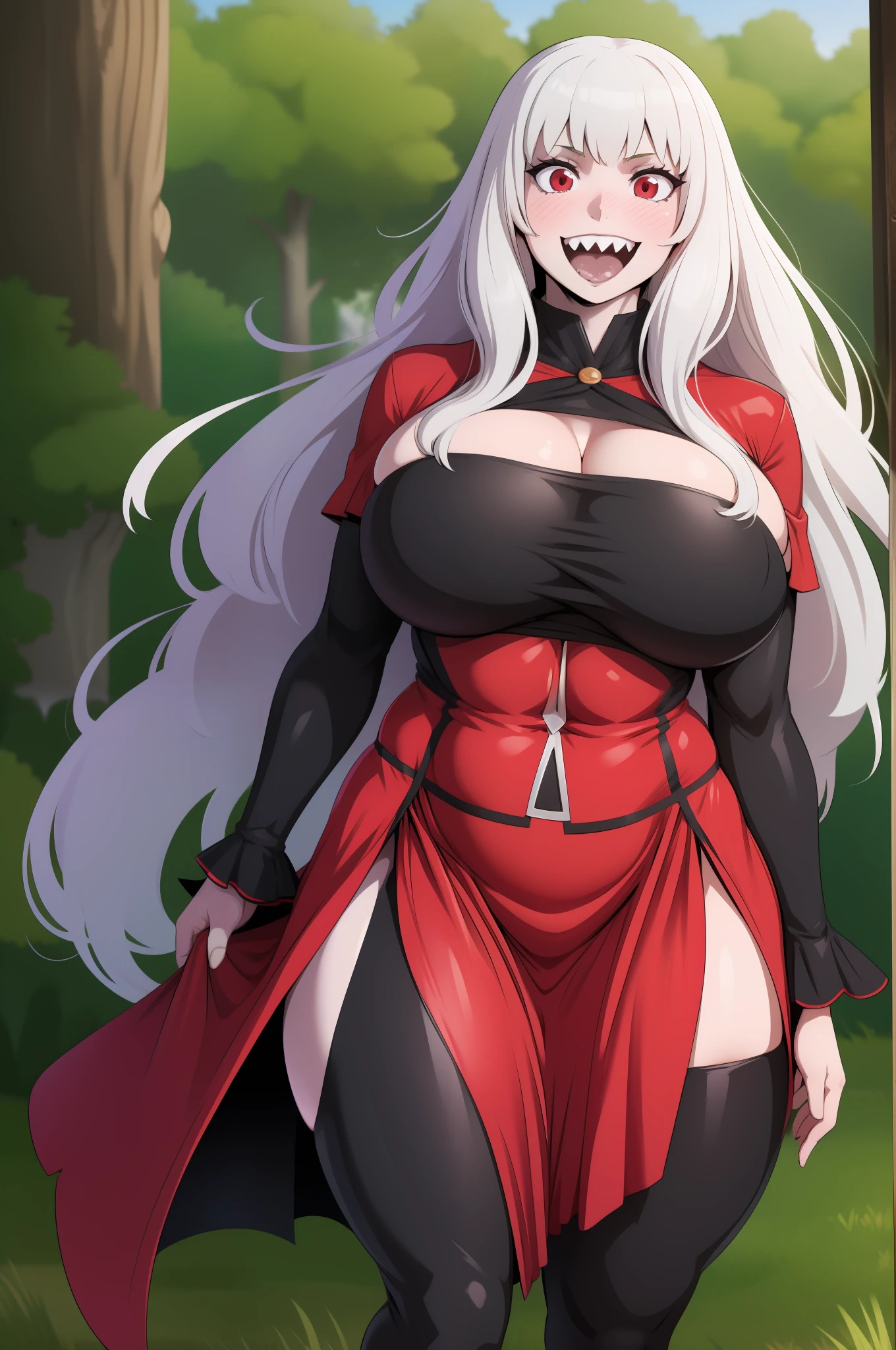 natacha, big breast, goth, silver hair, red eyes, albino, pale skinned,portrait ,full body, skirt, , flip flop,sharpteeth ,panthyhose, blackbodysuit, smile, happy, blush, walking, long hair, forest, , blackcloths, pole-shirt, victorian clothing, long robe, dress