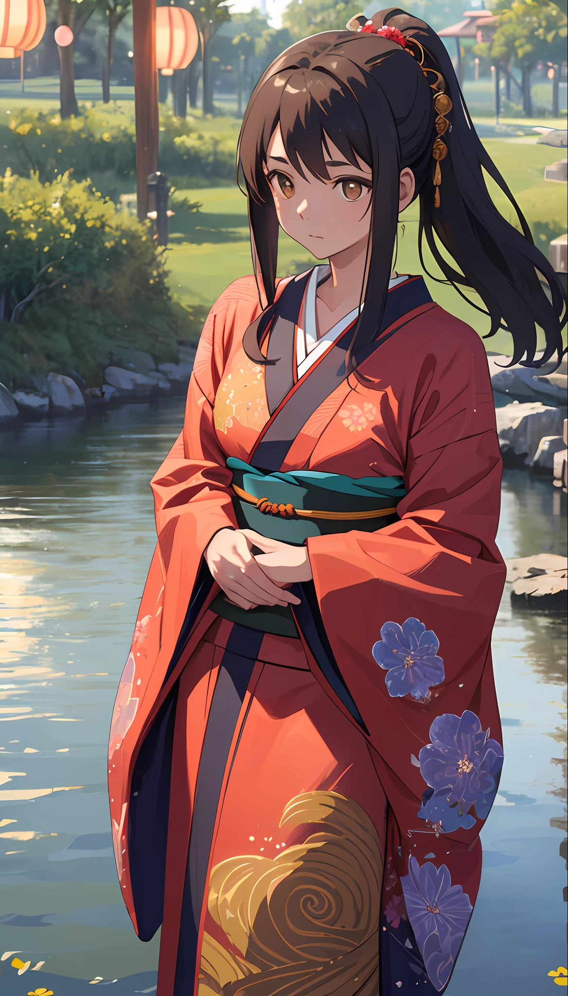 Generate a breathtaking 3D image in the style of MJ3D and Ghibli, inspired by the character 'Spirited Away' (Sen/Chihiro) from the renowned Studio Ghibli film. The image should portray a young girl with long brown hair, adorned with a floral circlet. She is wearing a traditional Japanese kimono with intricate patterns and vibrant colors. The kimono has billowing sleeves and is cinched at the waist with an elegant obi. The girl has soft, gentle features with warm brown eyes and a serene expression. Her hair is partially tied back, with loose strands framing her face. She is standing near a flowing river in a magical world, surrounded by floating lanterns and ethereal creatures. The scene is set during twilight, with a soft, golden glow illuminating the landscape. The image should capture the girl's sense of wonder and curiosity as she gazes at the enchanting surroundings. The level of detail and realism should be of the highest caliber, akin to a true masterpiece (best quality: 1.1)
