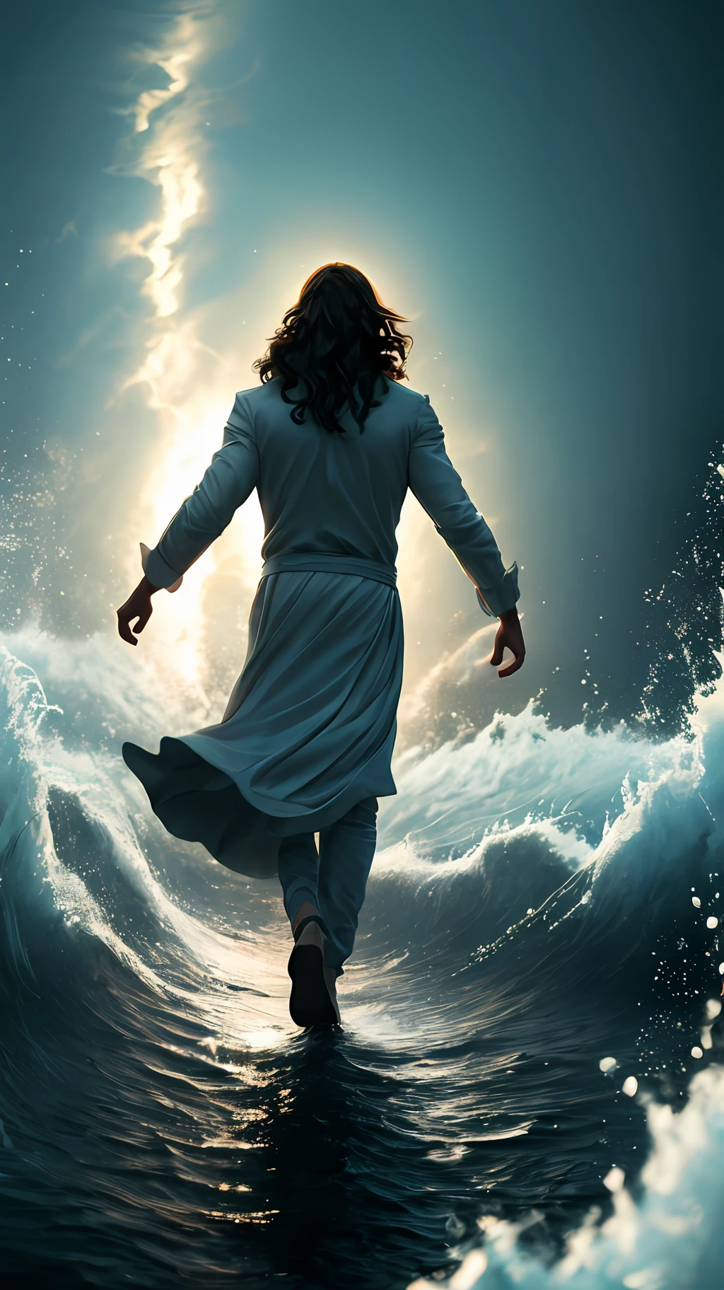 jesus walking on water in a storm, masterpiece, best quality, high quality, extremely detailed CG unit 8k wallpaper, award winning photography, Bokeh, Depth of Field, HDR, bloom, Chromatic aberration, photorealistic, extremely detailed, trending on artstation, trending on CGsociety, intricate, high detail, dramatic, mid-journey art, volumetric lighting