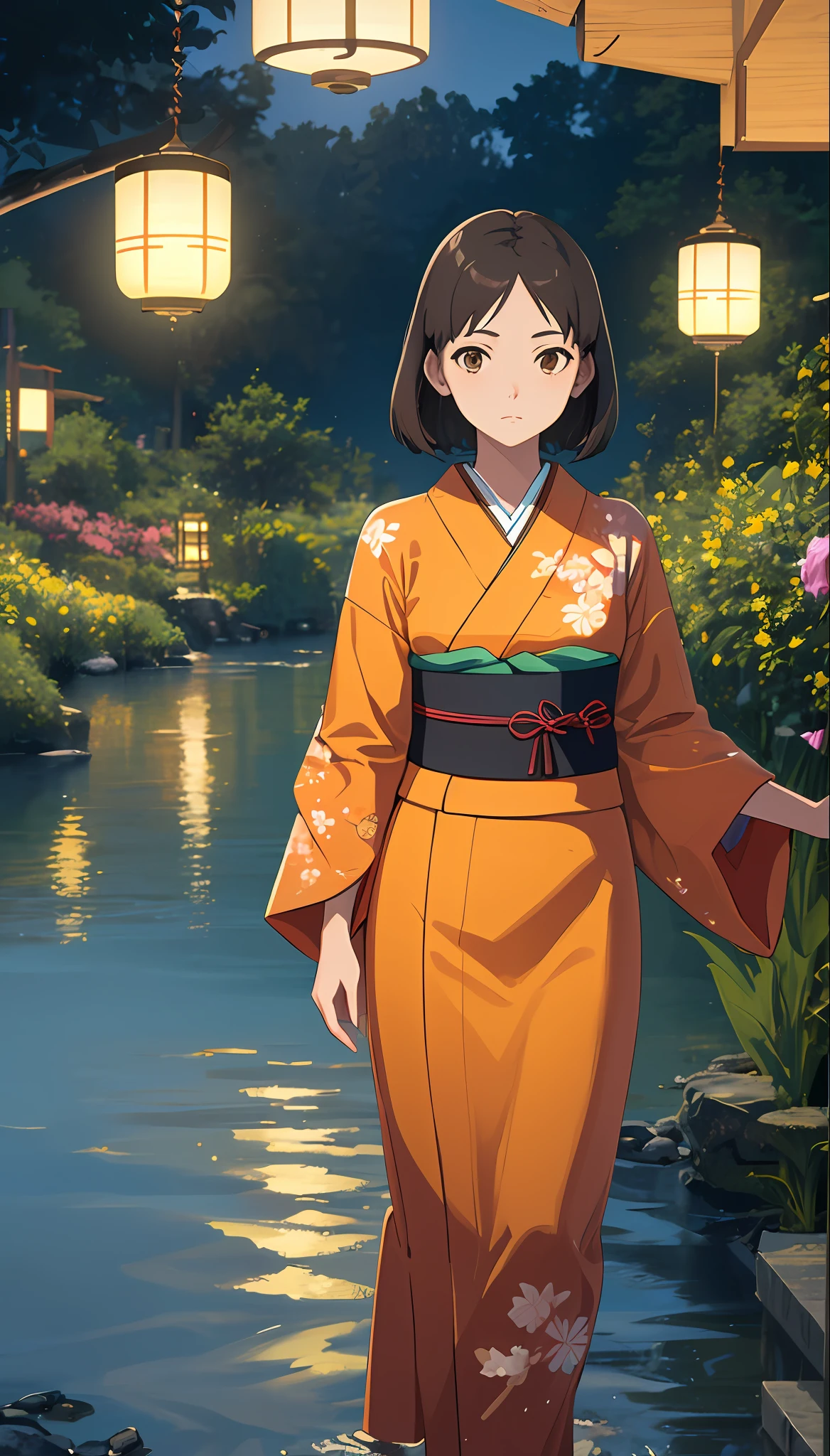 Generate a breathtaking 3D image in the style of MJ3D and Ghibli, inspired by the character 'Spirited Away' (Sen/Chihiro) from the renowned Studio Ghibli film. The image should portray a young girl with long brown hair, adorned with a floral circlet. She is wearing a traditional Japanese kimono with intricate patterns and vibrant colors. The kimono has billowing sleeves and is cinched at the waist with an elegant obi. The girl has soft, gentle features with warm brown eyes and a serene expression. Her hair is partially tied back, with loose strands framing her face. She is standing near a flowing river in a magical world, surrounded by floating lanterns and ethereal creatures. The scene is set during twilight, with a soft, golden glow illuminating the landscape. The image should capture the girl's sense of wonder and curiosity as she gazes at the enchanting surroundings. The level of detail and realism should be of the highest caliber, akin to a true masterpiece (best quality: 1.1)
