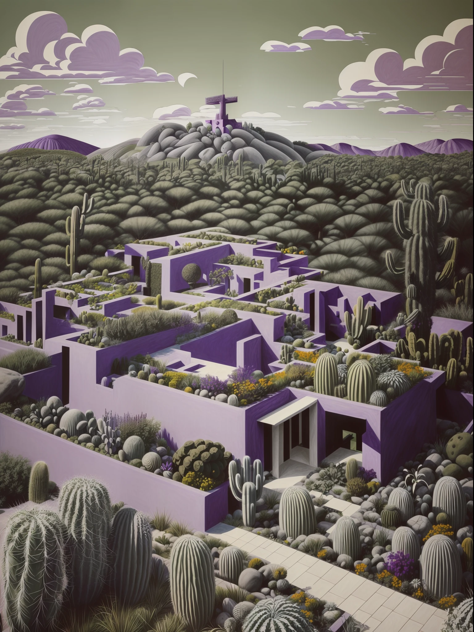Illustration, a garden whit abundant cacti, various organic sculptures, big rocks, (((multiple sections))), collage style, detailed, (((color palette olive green, violet, grey, blue, black and white))), (((a lot Luis barragán's architecture style builds))) big clouds, mountains in horizon, stairs, bridge, in the forest. ((masterpiece, best quality)),illustration,ultra detailed 8k