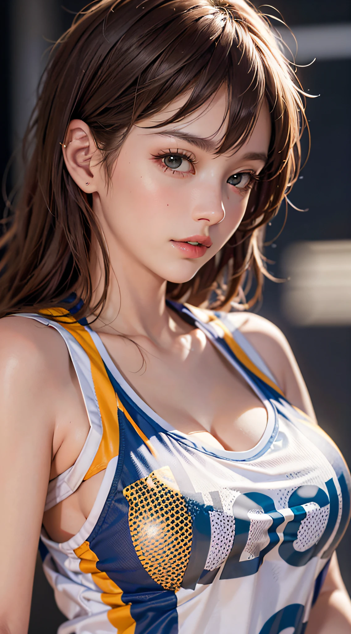 (8k, RAW photo, best quality, masterpiece:1.2), (realistic, photo-realistic:1.4), illustration, highres,hexagon,(1girl), gorgeous, rough skin, (oval face:1.1), professional lighting, photon mapping, radiosity, physically-based rendering, cute,
wear basketball uniform, large breast, ((cleavage)), at basketball court, pureerosface_v1:0.3