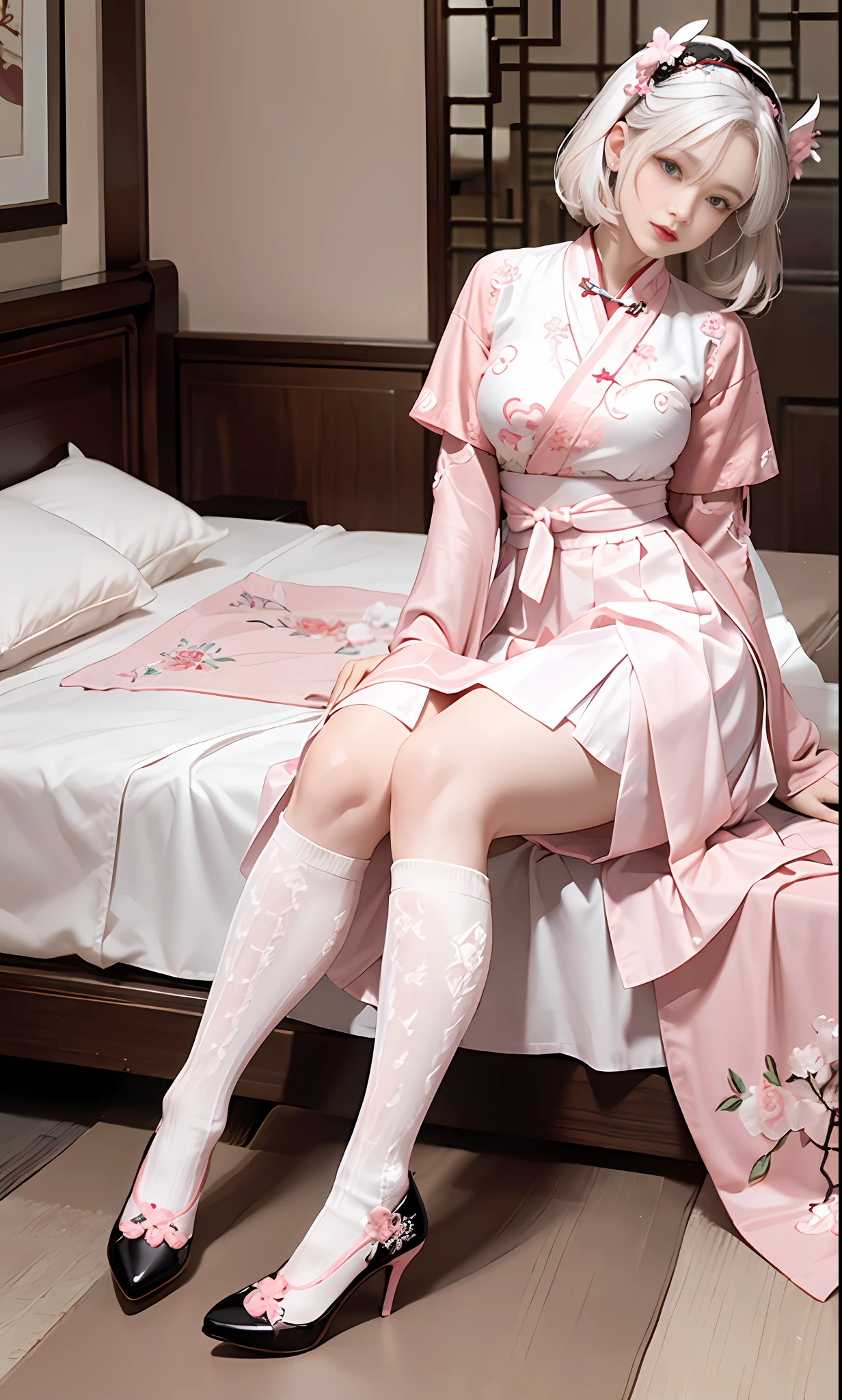 Chinese style, white hair, Chinese clothing, Tang style Hanfu, Hanfu, ((((pink and white skirt)), embroidery, over-the-knee socks, high heels, interior, bed