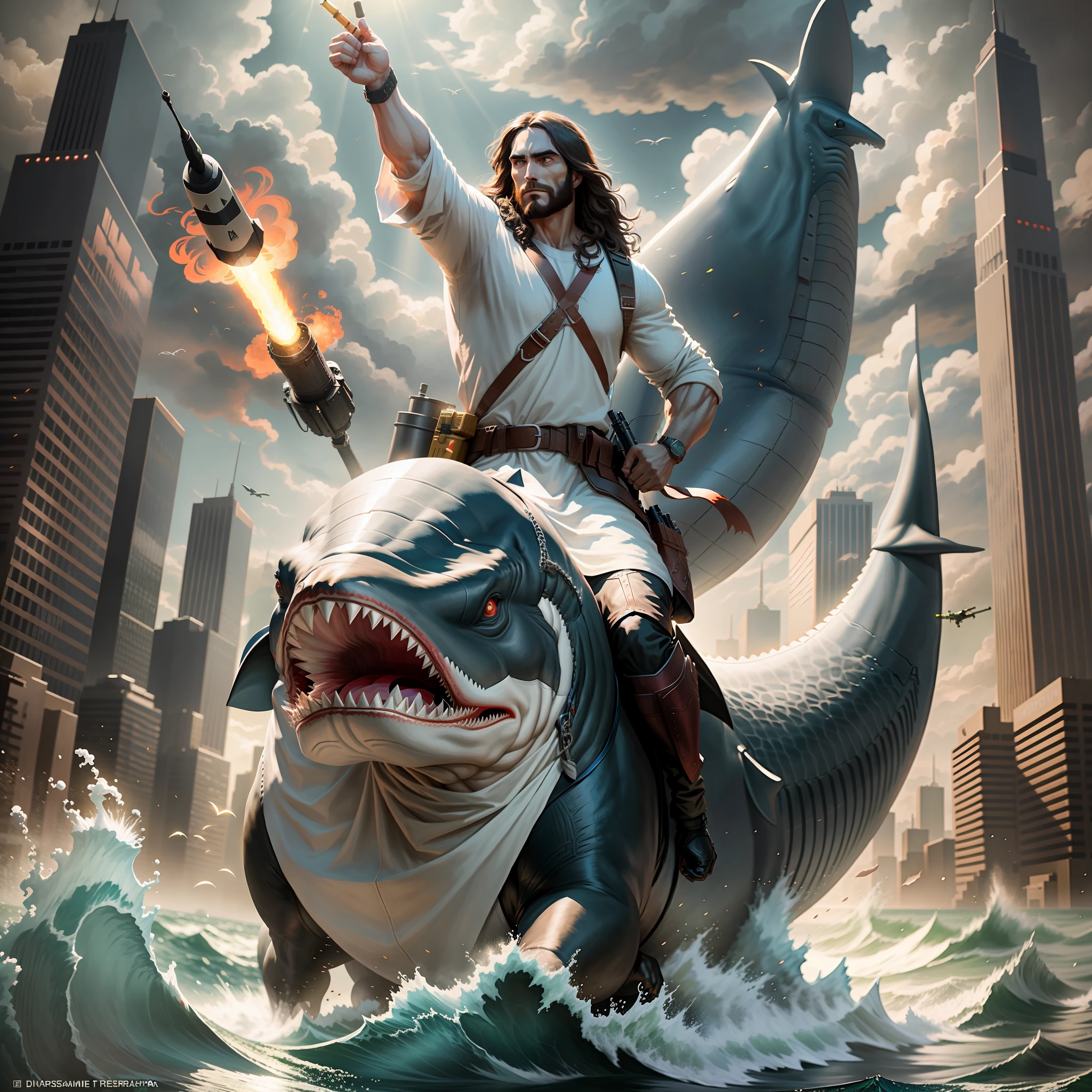 Jesus Christ riding a giant shark, wearing tunic, holding a missile launcher in one hand, heroic pose, fotorrealista, 8k resolution, Divine illumination.